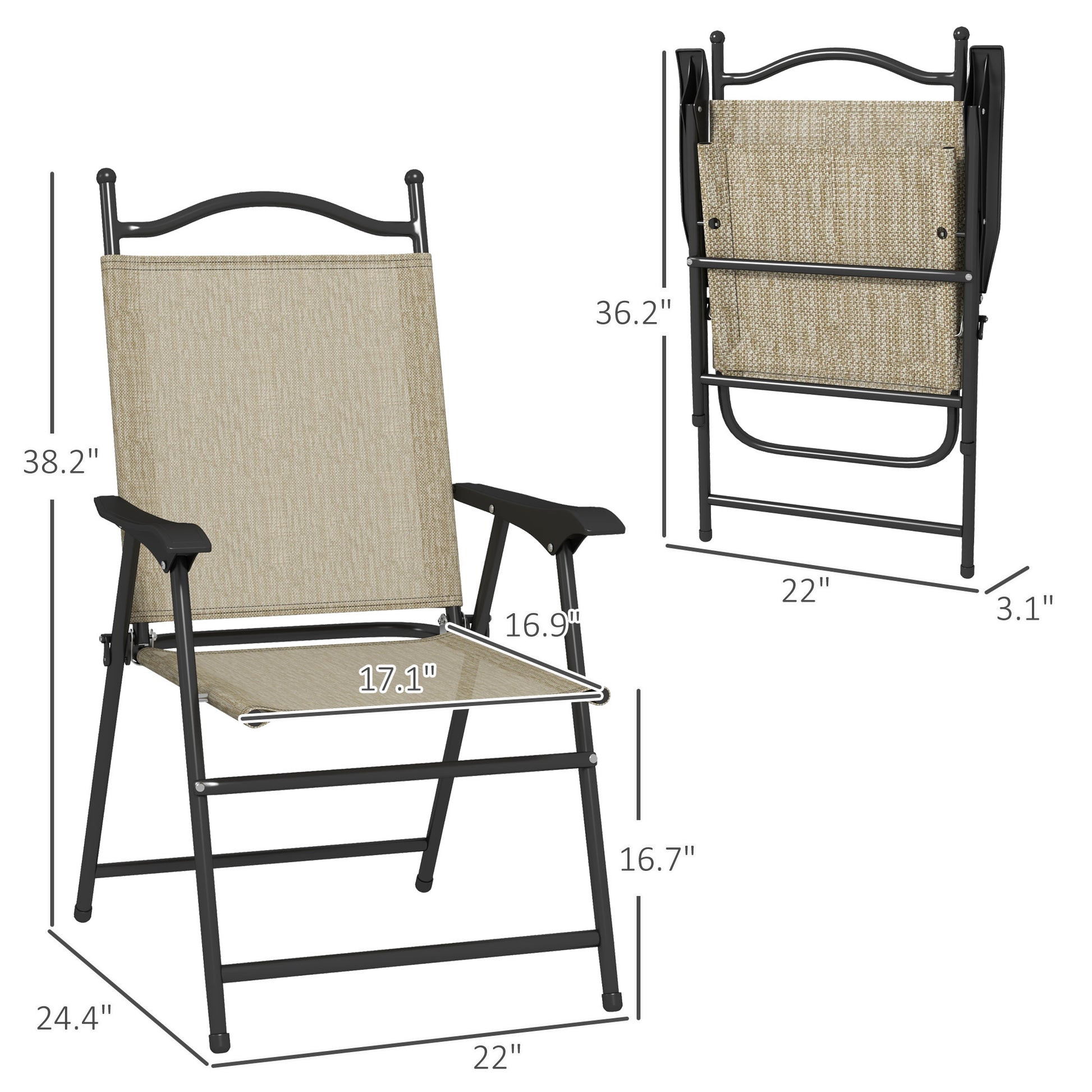 Outsunny Folding Patio Chairs, Set Of 4 Sports Chairs For Adults, Camping Chairs With Armrests,Mesh Fabric Seat For Lawn, Beige Beige Metal