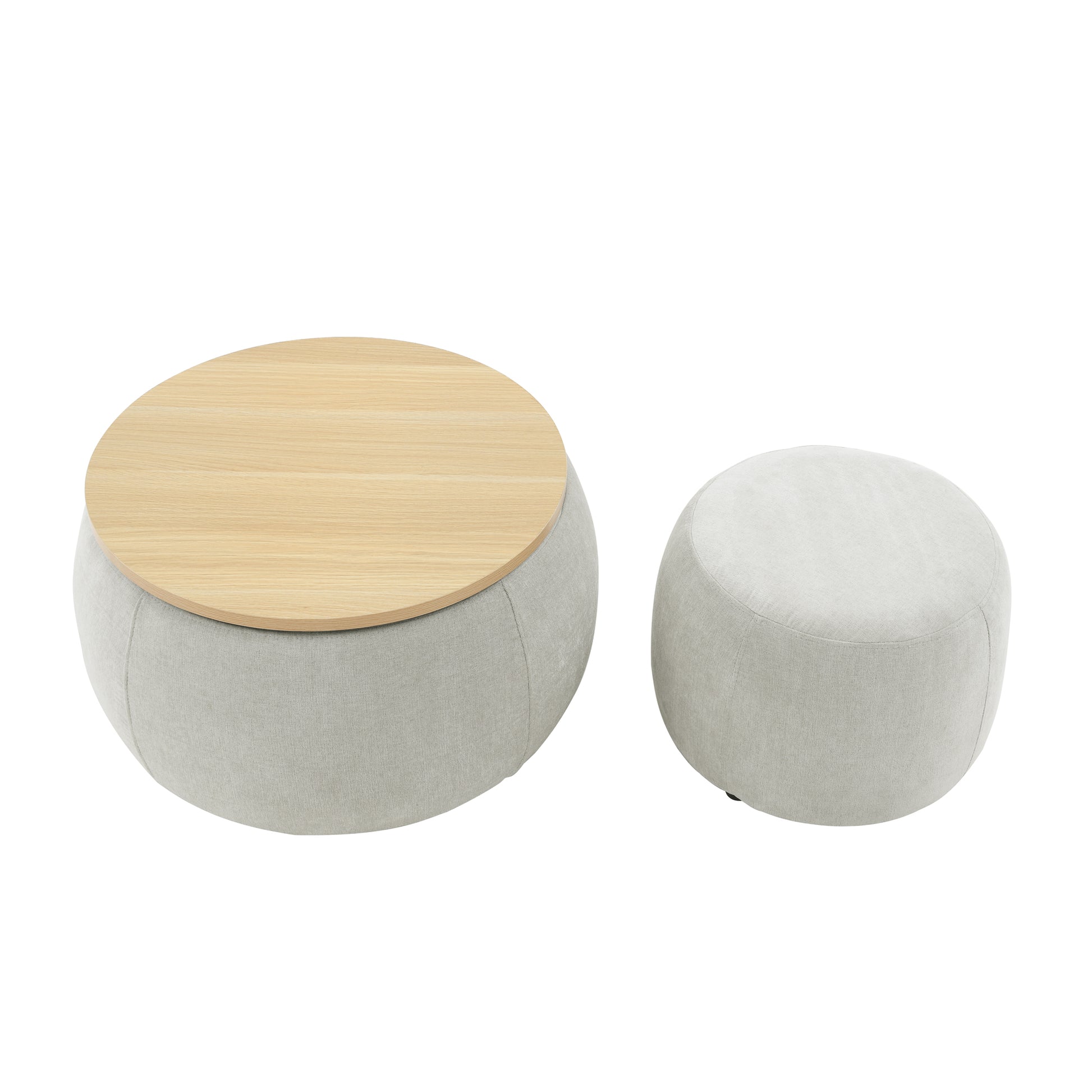 Round Storage Ottoman, 2 In 1 Function, Work As End Table And Ottoman,With Small Seat,Light Grey 25"X25"X14.7" Light Grey Foam