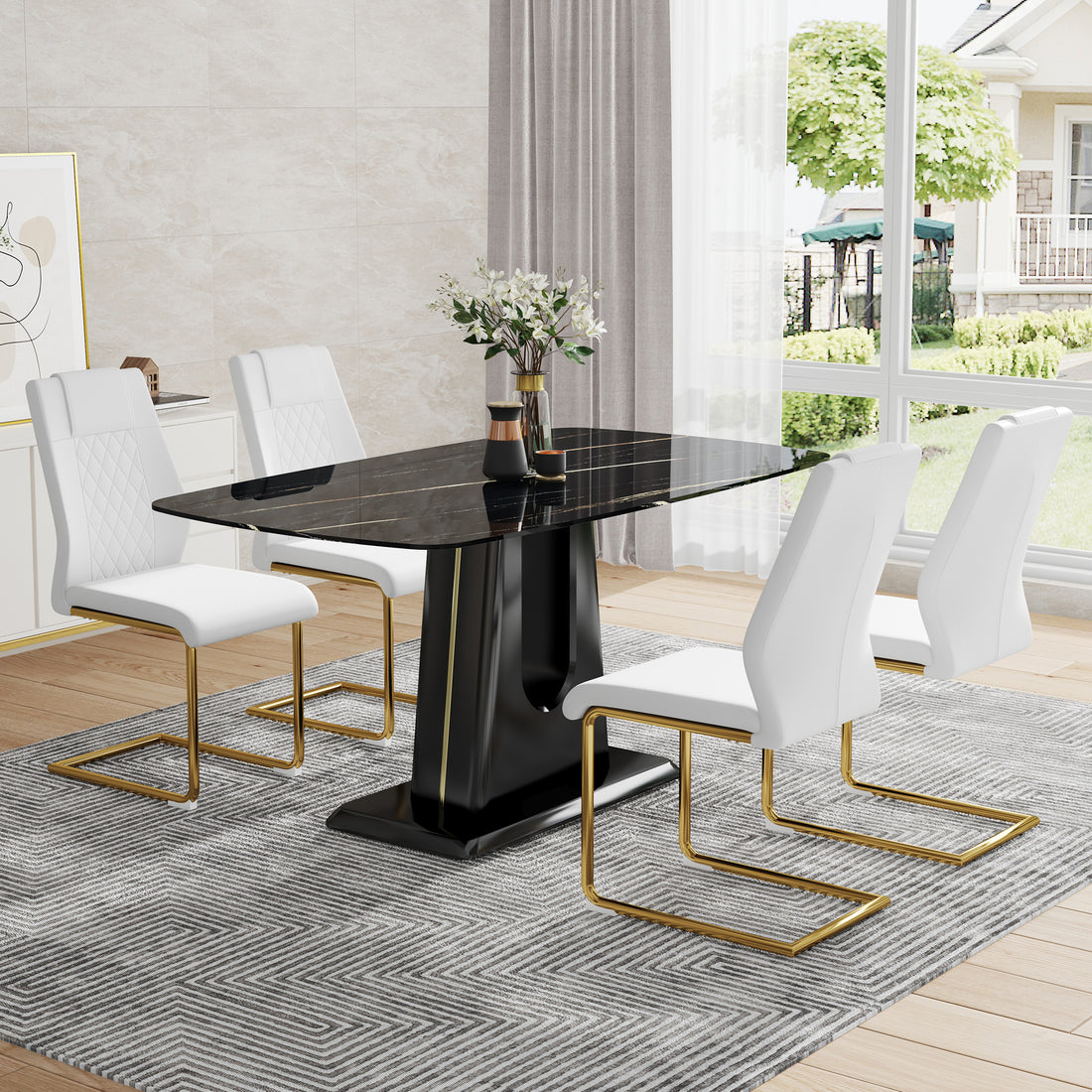 Table And Chair Set, Minimalist Dining Table, Imitation Marble Patterned Glass Tabletop, Mdf Legs With U Shaped Brackets. Paired With Comfortable Chairs, Suitable For Dining And Living Rooms. Black Gold Mdf Glass