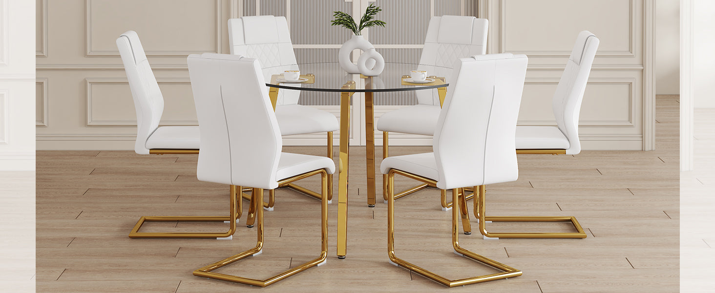 Table And Chair Set.A Modern Minimalist Style Round Clear Tempered Glass Table With Metal Legs.Paried With White Chairs With Modern Pu Leather High Back Upholstered And C Tube Golden Legs. Transparent Seats 6 Glass