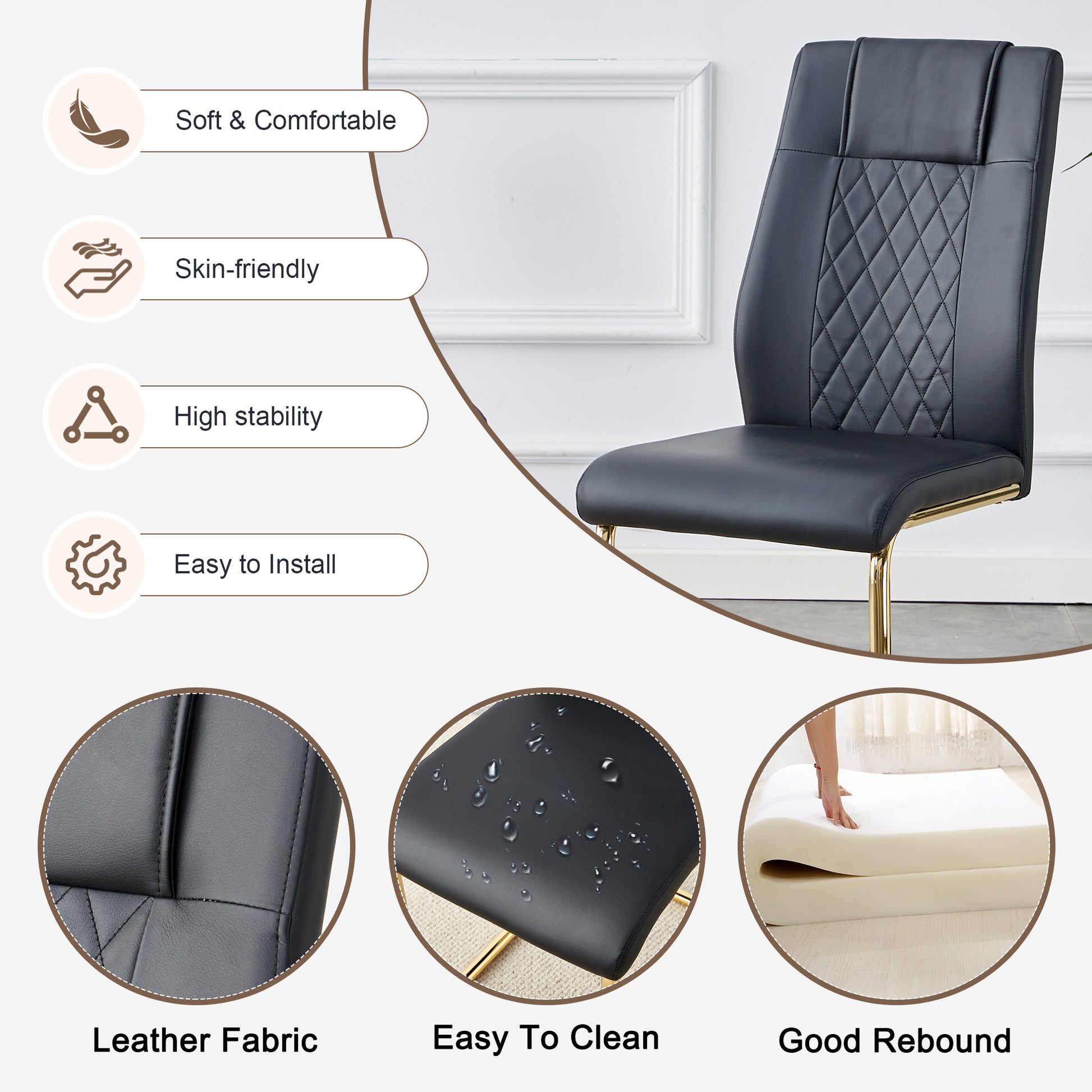 Table And Chair Set.The Table Has A Glass Tabletop With Imitation Marble Pattern Stickers And Stainless Steel Golden Table Legs. Paried With Comfortable Chairs With Pu Seats And Metal Legs. White Gold Seats 6 Glass Metal