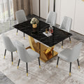 Table And Chair Set.Modern Rectangular Dining Table With Black Textured Stickers Glass Tabletop And Gold Plated Metal Legs.Paried With 6 Comfortable Chairs With Pu Seats And Black Metal Legs. Black