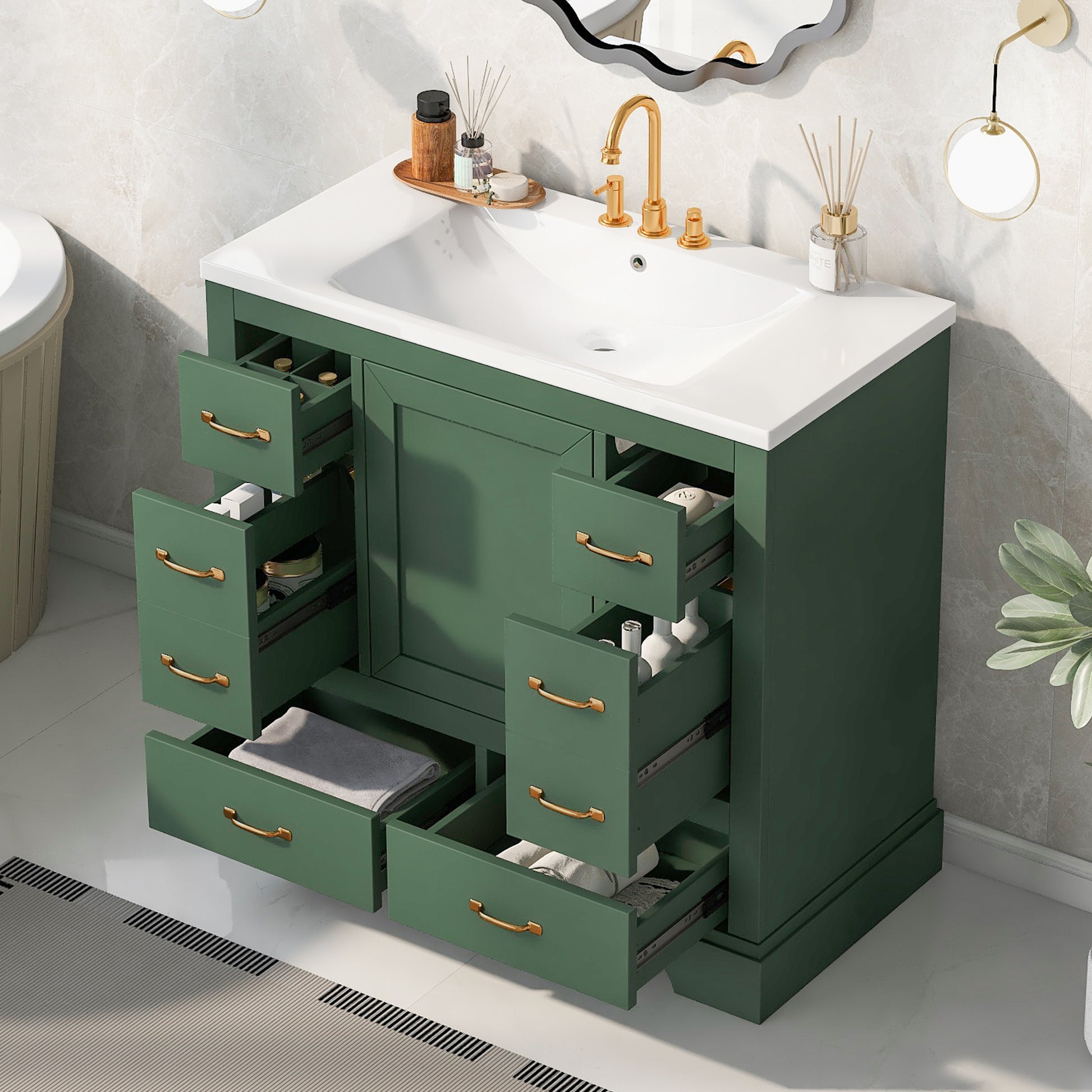 36" Bathroom Vanity With Sink Combo, Six Drawers
