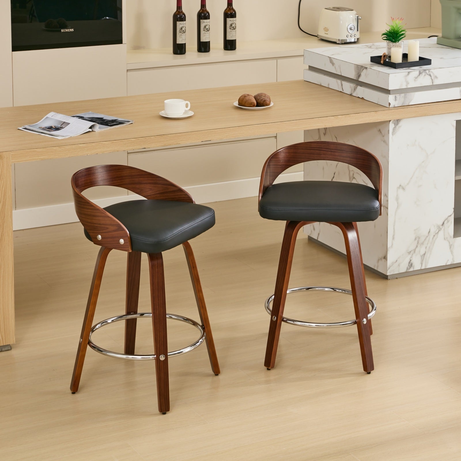 Bar Stools Set Of 2, Swivel Bar Height Stools With Low Back, Wood Bar Chairs With Soft Cushion Seat, 25 Inch Seat Height Black, 25" Counter Height Black Pu American Design,Mid Century Modern Set Of 2 Foam Pu Leather