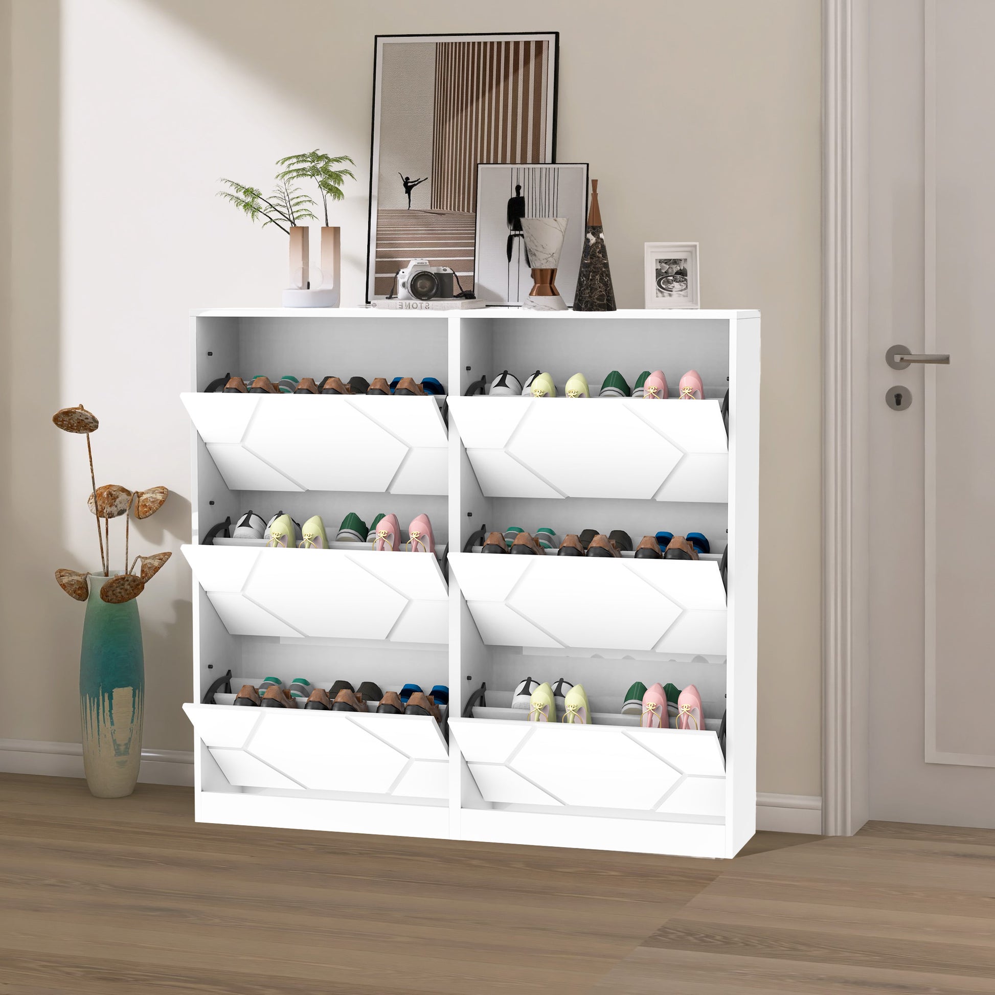 Shoe Storage Cabinet For Entryway, 6 Tiers Shoe Organizer With Carved Panels, Carving Shoe Closet,Vertical Shoe Cabinet For Front Door Entrance,Outdoor,Symmetric Design White Finish 5 Or More Drawers White White Modern Mdf