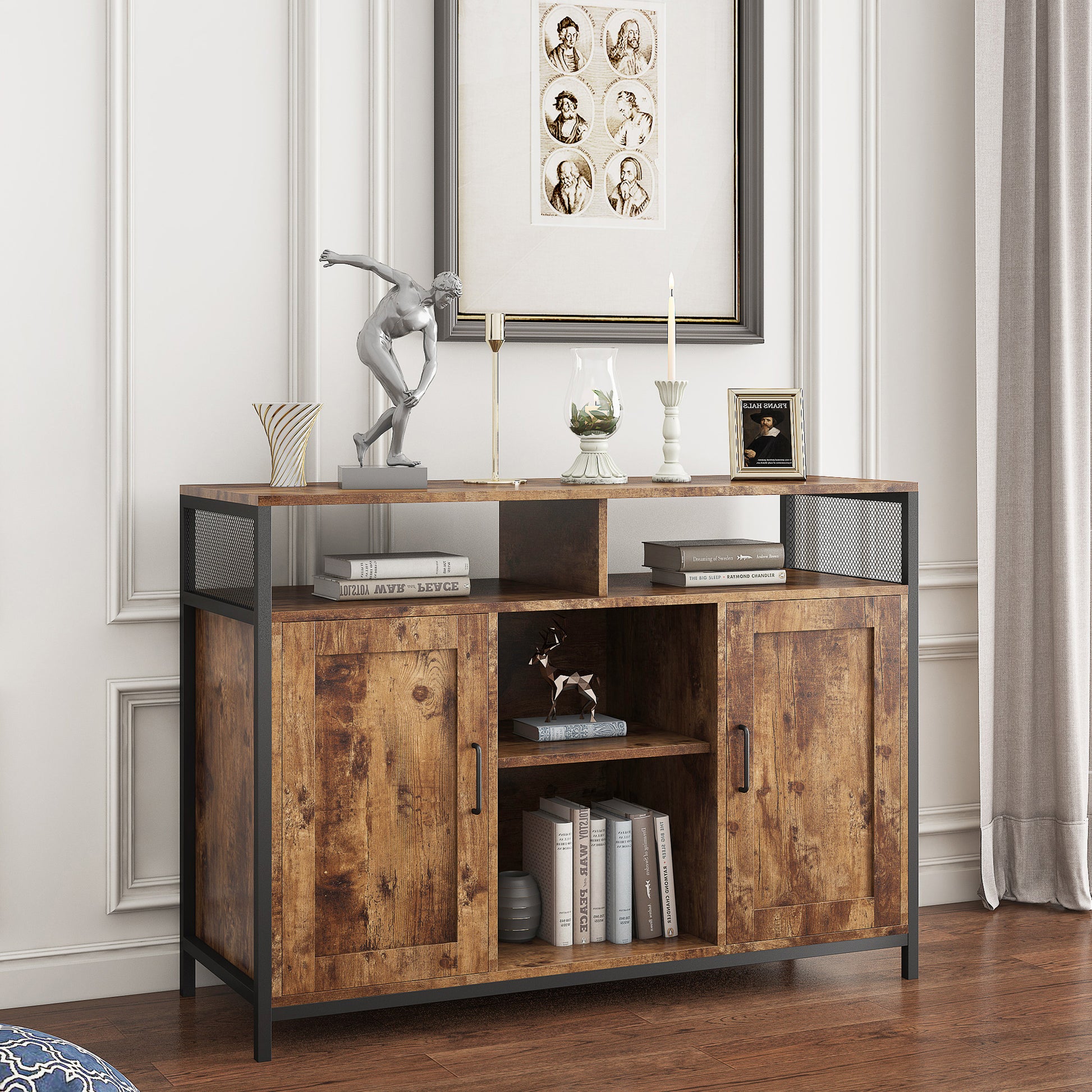 Sideboard, Storage Cabinet With Open Shelves For Kitchen Dining Room Living Room, Industrial Style, Rustic Brown, 43.7X15.74X31.5Inches Rustic Brown Mdf