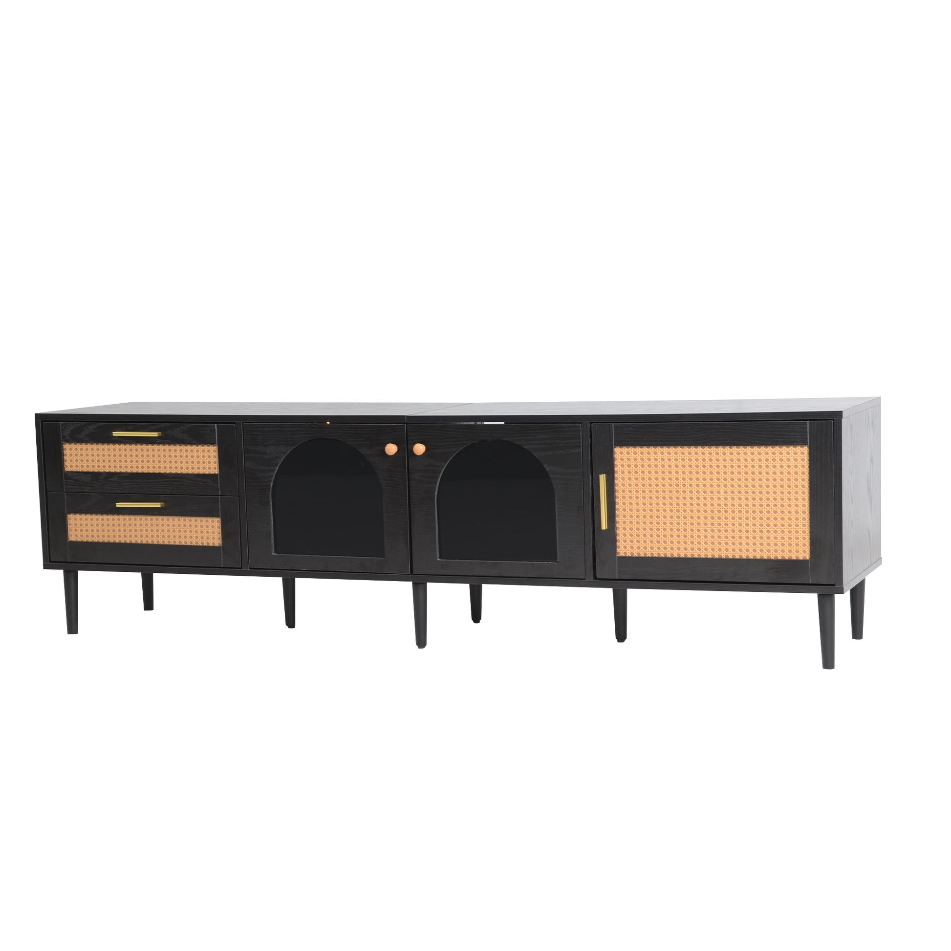 Rattan Tv Stand With 3 Cabinets & 2 Drawers, Rattan Inspired Media Console Table For Tvs Up To 80'', Led Light Entertainment Center, Tv Cabinet For Living Room, Bedroom, Home Theatre Black Primary