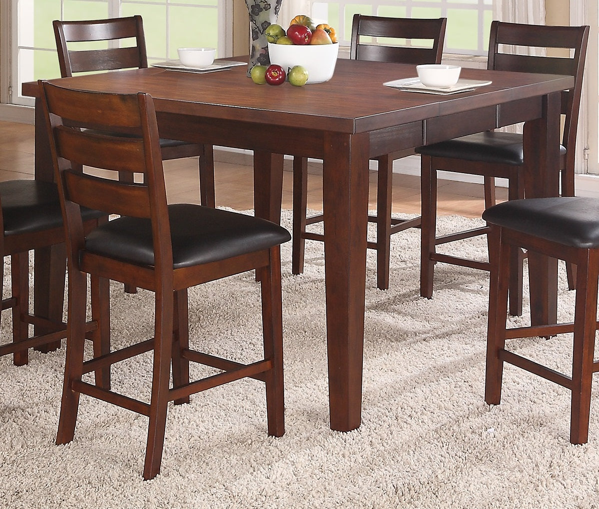 Contemporary Counter Height Dining Table W Leaf 6X High Chairs 7Pc Set Antique Walnut Wood Finish Dining Room Furniture Wood Dining Room Extendable Rubberwood Square Dining Table With Chair Wood Wood Walnut Ladder Back Seats 6 54 Inches Removable Leaf