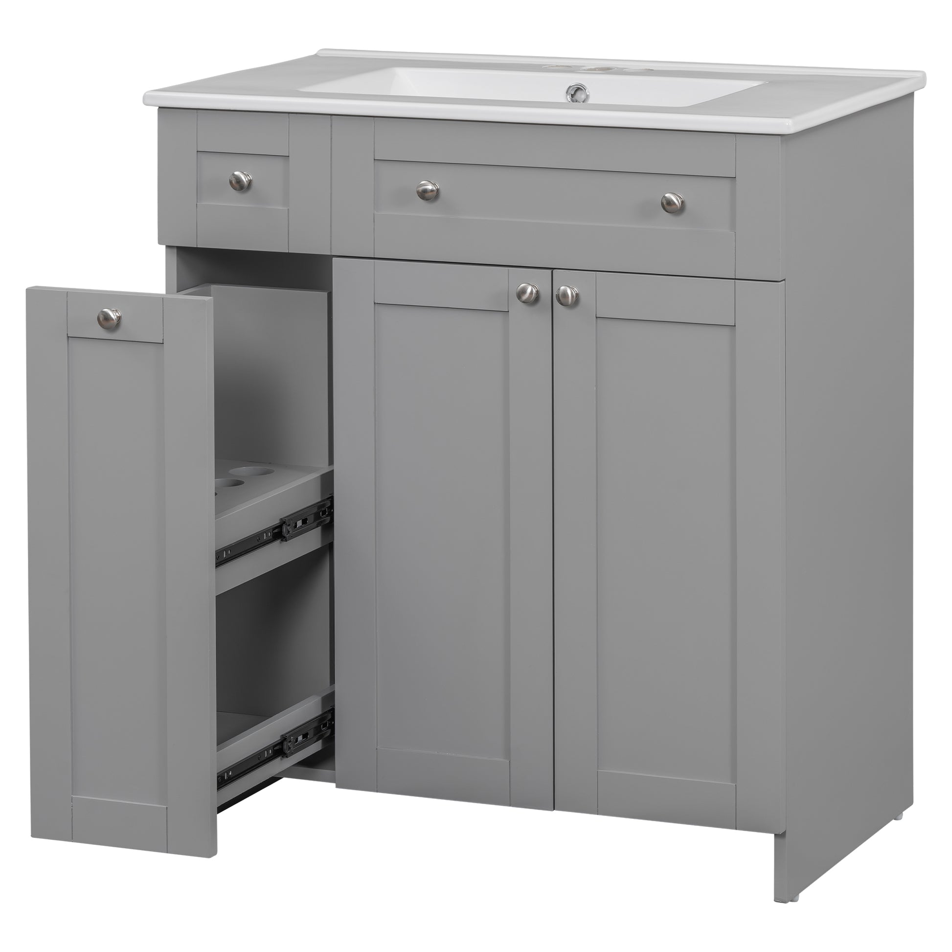 30 Inch Grey Bathroom Vanity With Ceramic Sink Combo, Abundant Storage Cabinet 2 Soft Close Doors And Double Tier Deep Drawer Grey Bathroom Mdf