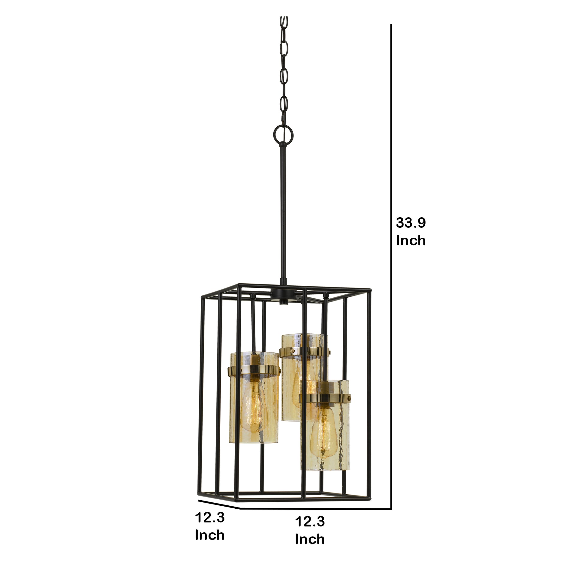 Rectangular Open Cage Design Pendant With Cylindrical Glass Shade, Black Bronze Glass Metal