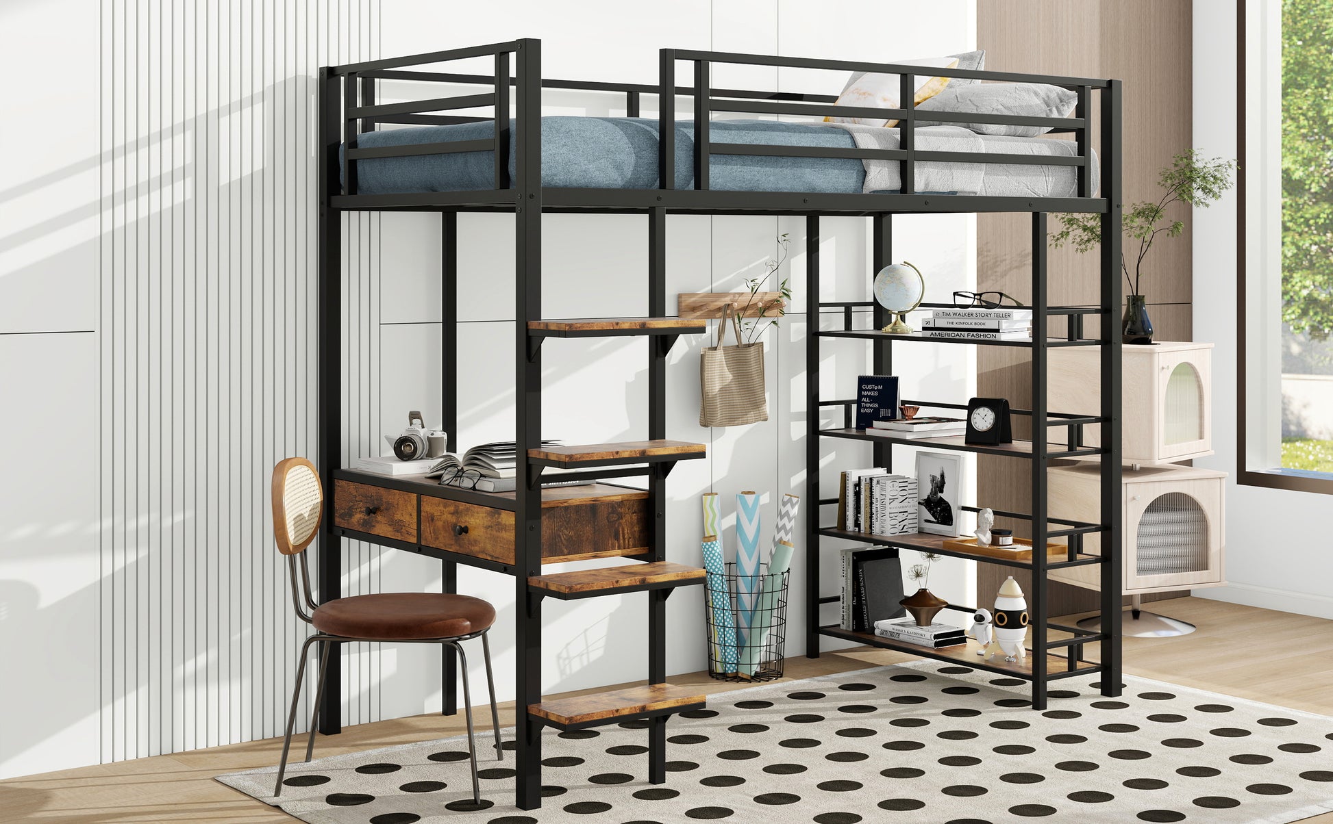 Twin Size Metal Loft Bed With Desk And Shelves, Black Box Spring Not Required Twin Black Metal Solid Wood Mdf