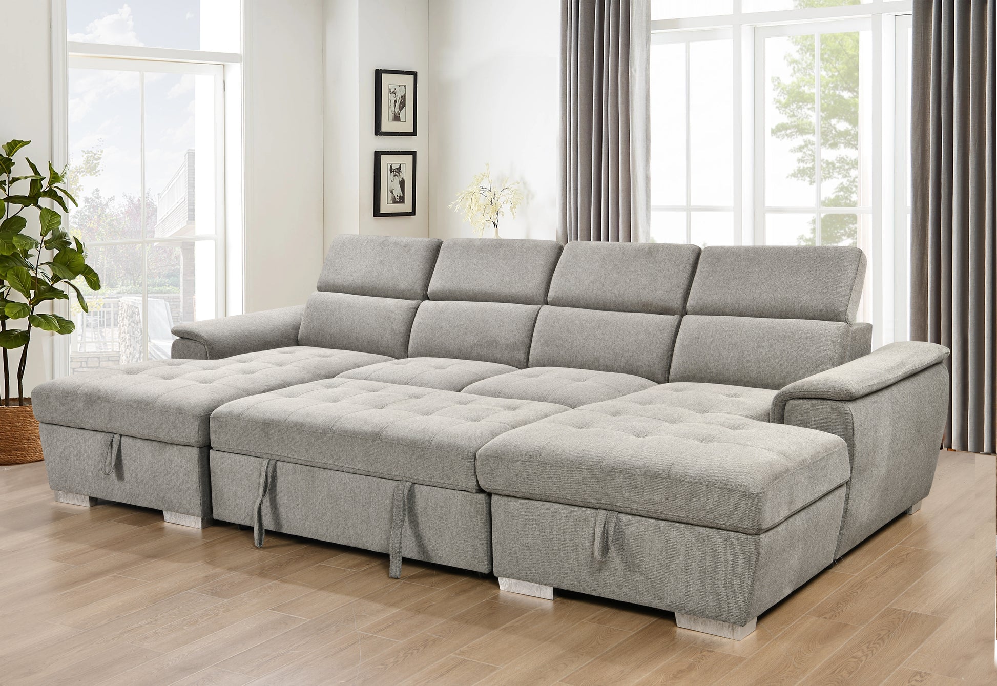 U Shaped Sleeper Sofa, 121 Inch Overisze 2 In 1 Pull Out Bed, Sectional Sleeper Sofa With Double Storage Chaise For Living Room Furniture, Light Gray Light Brown Wood Primary Living Space Medium Duty Eucalyptus 6 Seat Light Gray Polyester Soft Pillow