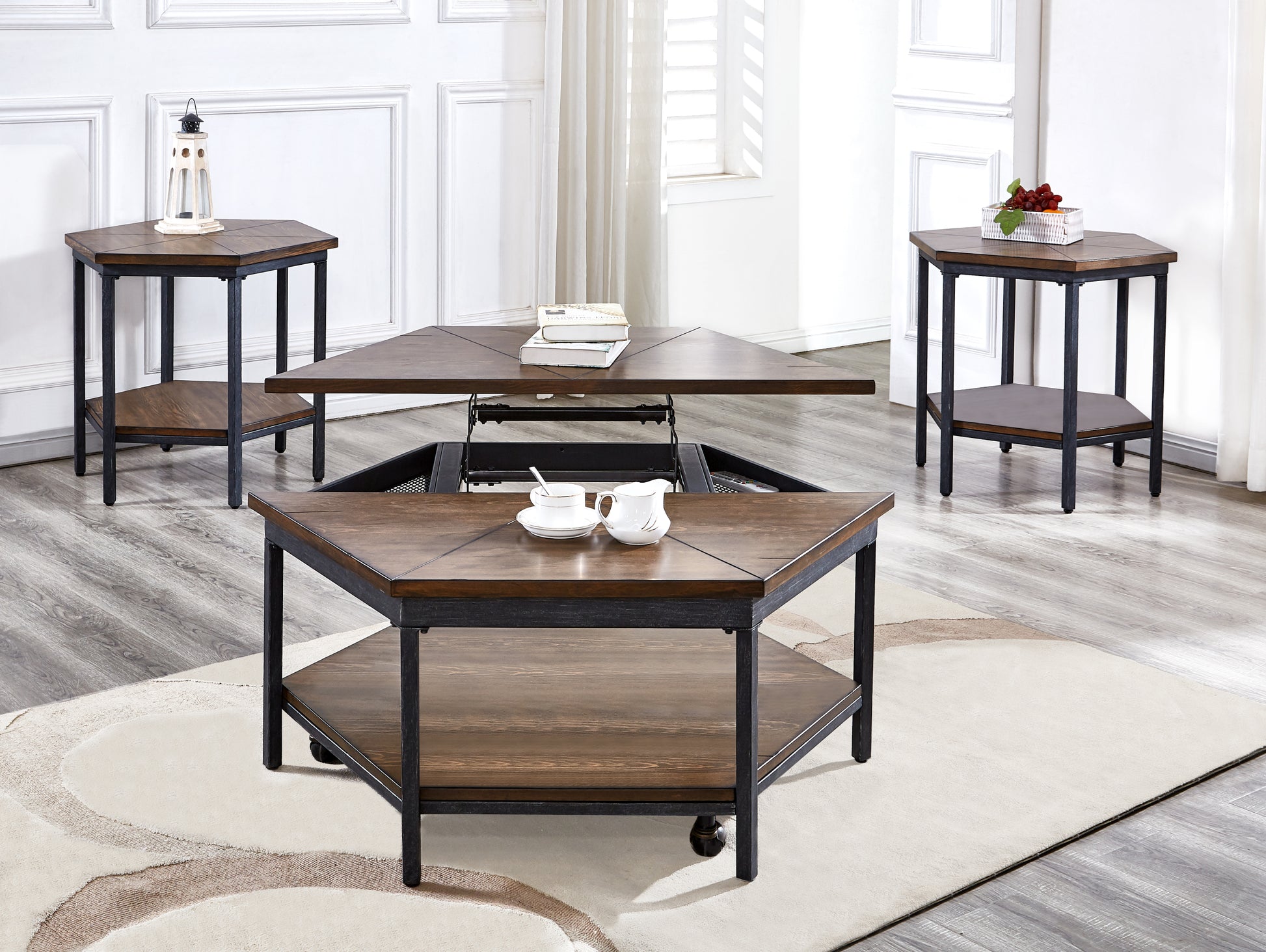 Ultimo 3 Piece Table Set Hexagon Lifttop & End Tables Brown Brown Iron