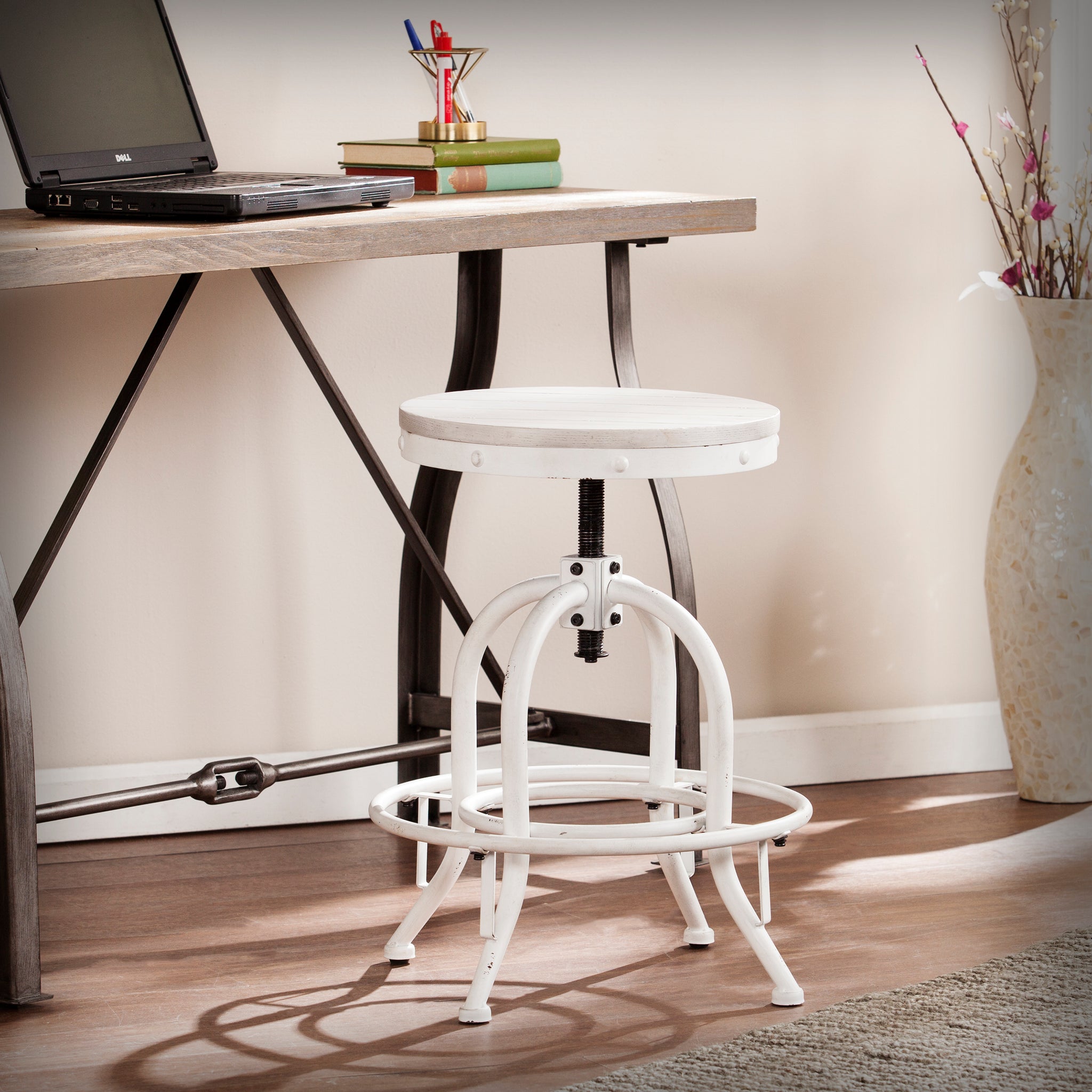 Industrial Adjustable Height Swiveling Stool White White Washed Mdf