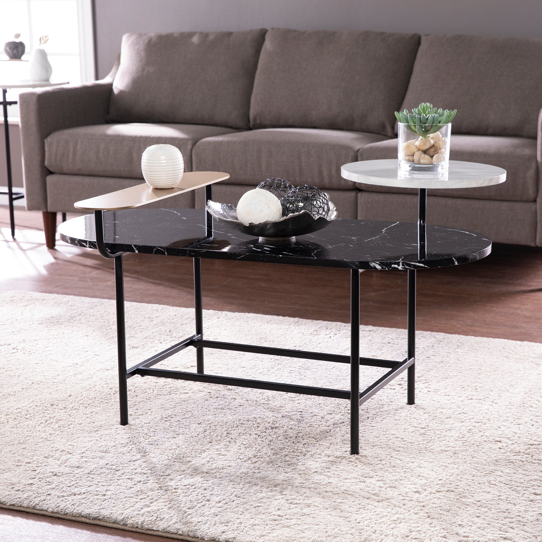 Arcklid Faux Marble Cocktail Table W Storage Black Iron