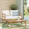 Outdoor Acacia Wood Loveseat And Coffee Table Set With Cushions, Teak And White Brown White Acacia Wood