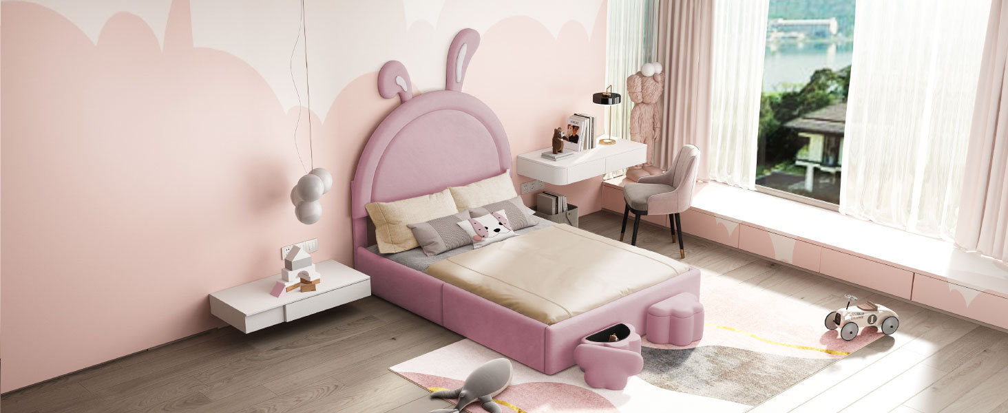 Full Size Upholstered Rabbit Shape Bed With 2 Storage Stools, Velvet Platform Bed With Cartoon Ears Shaped Headboard, Pink Full Pink Wood