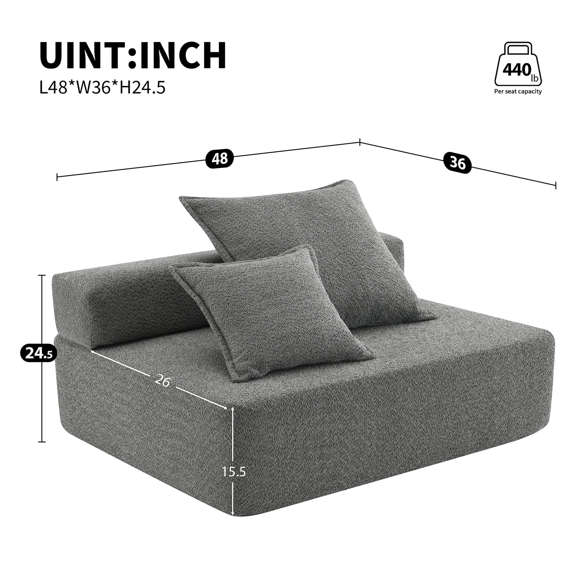 Loveseat Frame For Oversized Modular U Shaped Sectional Sofa,Luxury Boucle Floor Couch Set,Convertible Sleeper Couch,Spacious Foam Filled Sofa Bed For Living Room Gray Boucle 1 Seat