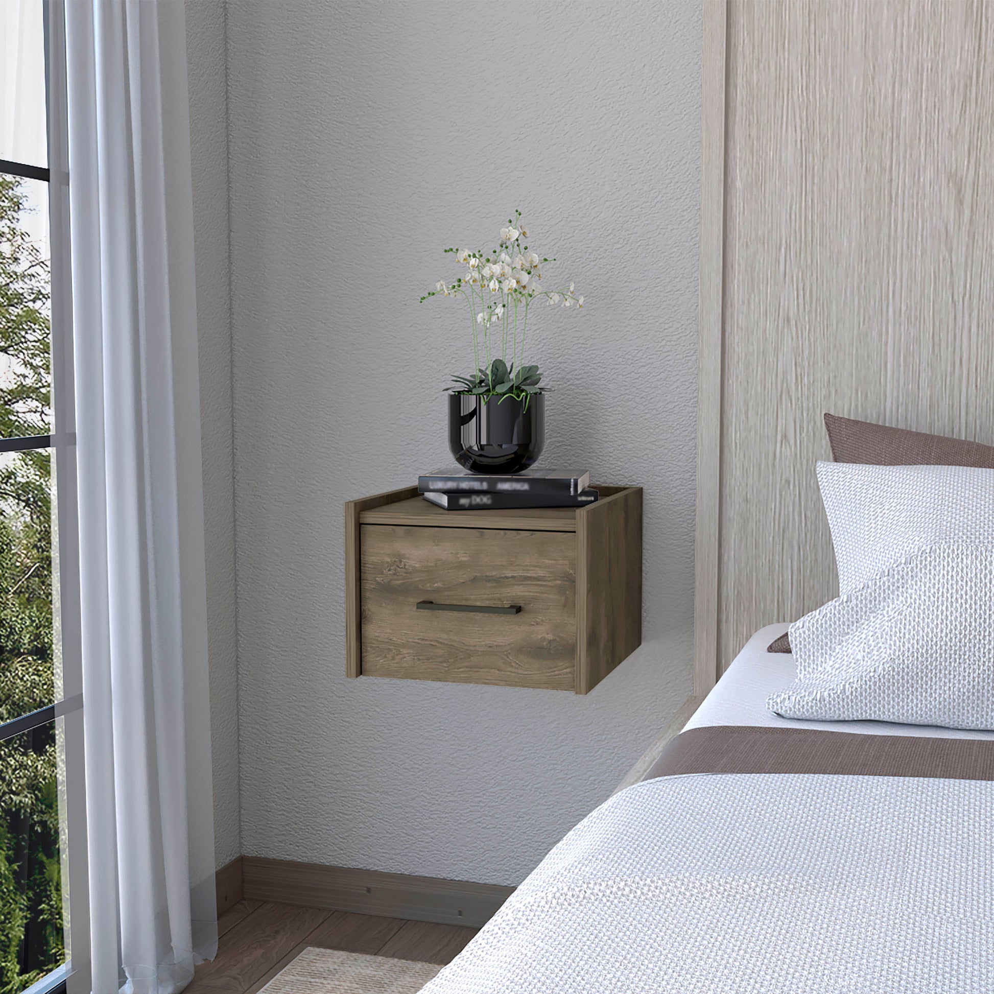 Elfrida Wall Mounted Nightstand, Sleek Single Drawer Design With Spacious Top Shelf Dark Brown Particle Board Engineered Wood