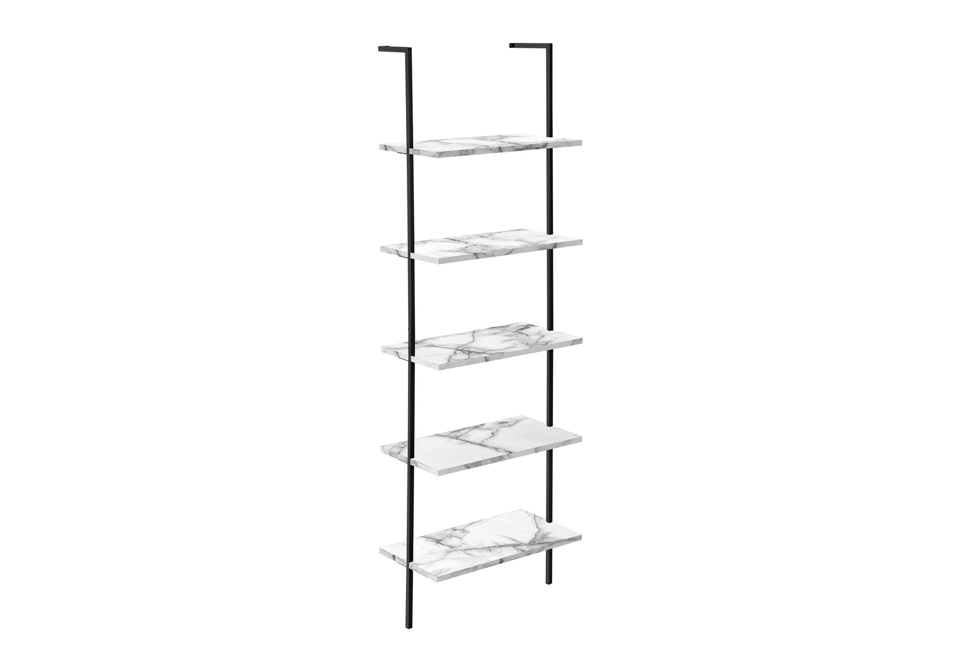 Bookshelf, Bookcase, Etagere, Ladder, 5 Tier, 72"H, Office, Bedroom, White Marble Look Laminate, Black Metal, Contemporary, Modern White Metal