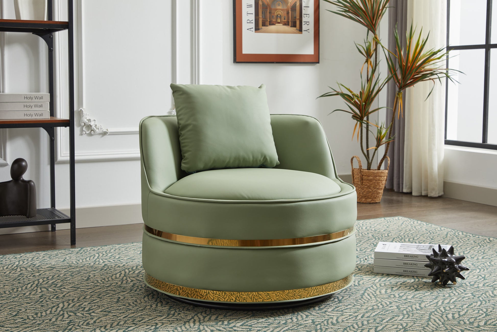 Swivel Chair, 360 Swivel Accent Chair, Barrel Chair For Living Room Bedroom Green Faux Leather