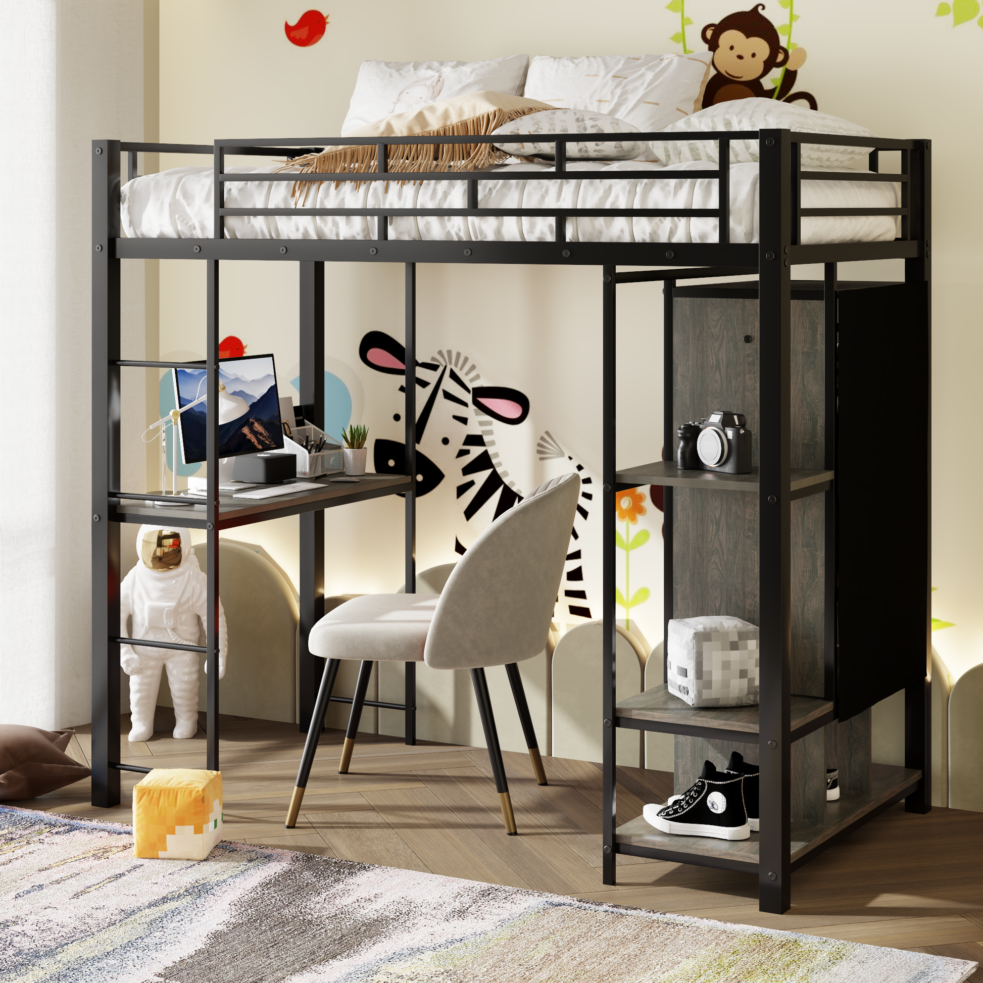 Twin Size Metal Loft Bed With Built In Wardrobe, Desk And Shelves, Black Expected Arrival Time: 9.3 Box Spring Not Required Twin Black Mdf Metal