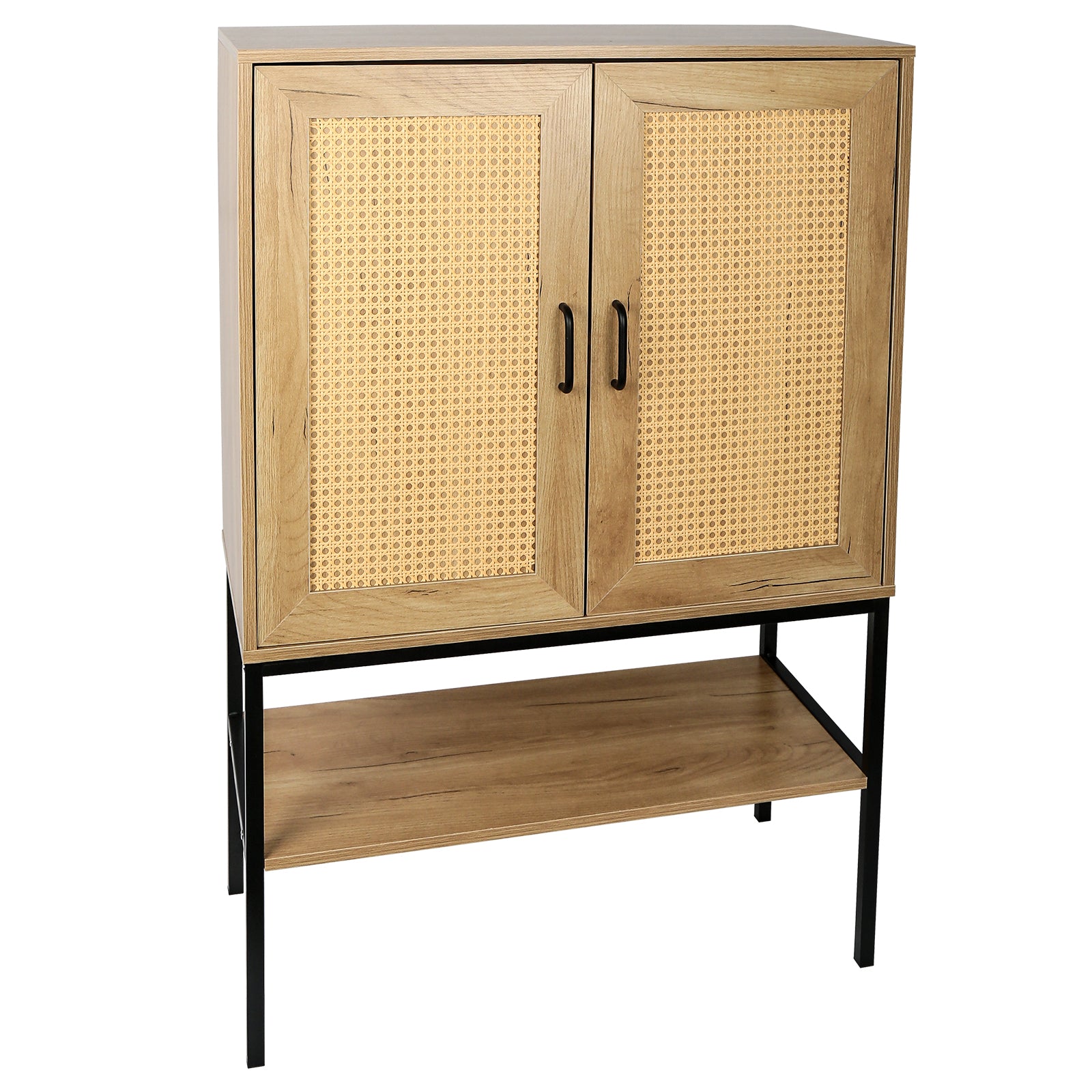 31.5 Inch Wide 2 Rattan Doors Free Standing Sideboard Storage Cabinet With One Open Bottom Shelf For Kitchen Dinning Room Living Room, Natural Color Freestanding 1 2 Shelves Natural Natural Primary Living Space Open Storage Space American Design Particle