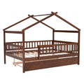 Full Size Wooden House Bed With Twin Size Trundle, Walnut Full Walnut Solid Wood Mdf