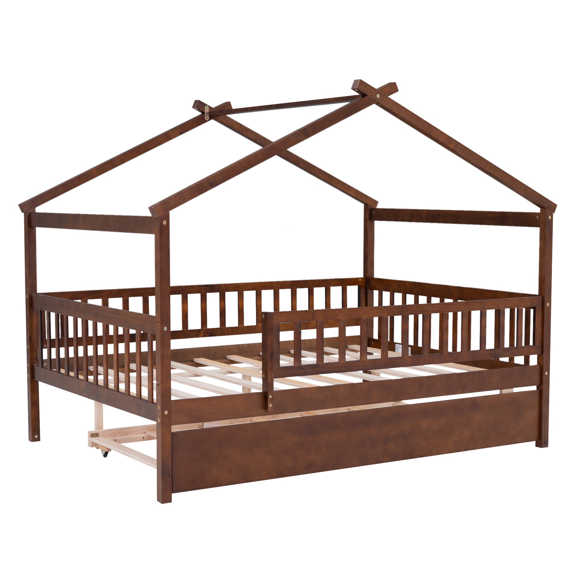 Full Size Wooden House Bed With Twin Size Trundle, Walnut Full Walnut Solid Wood Mdf