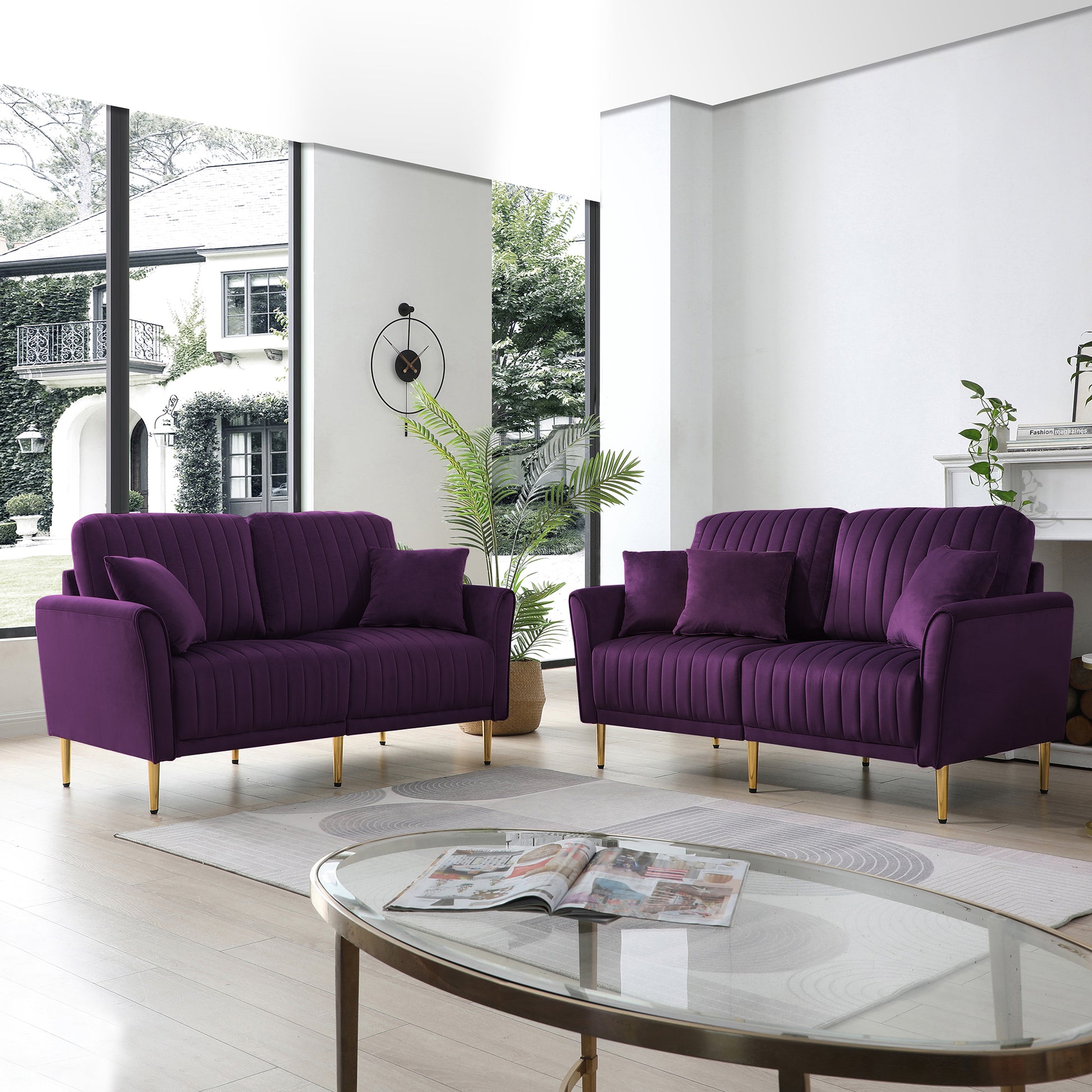2 Piece Velvet Upholstered Living Room Sofa Set, Including 2 Pieces 2 Seater Sofa With Channel Tufted And Revsible Pillows, Free Self Fabric Pillow Included, Purple Purple Foam Velvet 4 Seat