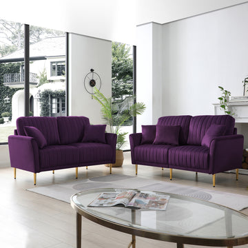 2 Piece Velvet Upholstered Living Room Sofa Set, Including 2 Pieces 2 Seater Sofa With Channel Tufted And Revsible Pillows, Free Self Fabric Pillow Included, Purple Purple Foam Velvet 4 Seat