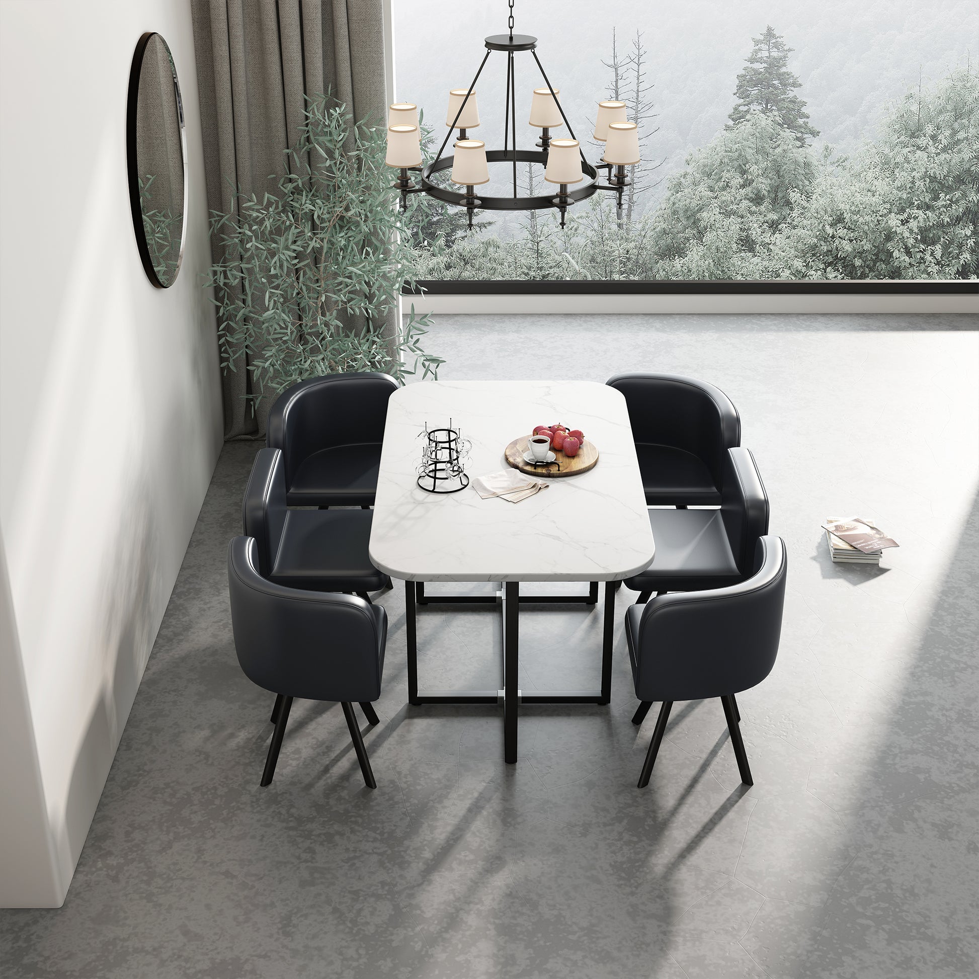 Modern 7 Pieces Dining Table Set, Rectangle Dining Table With 6 Chairs For Dining Room, Kitchen Black Pu Leather