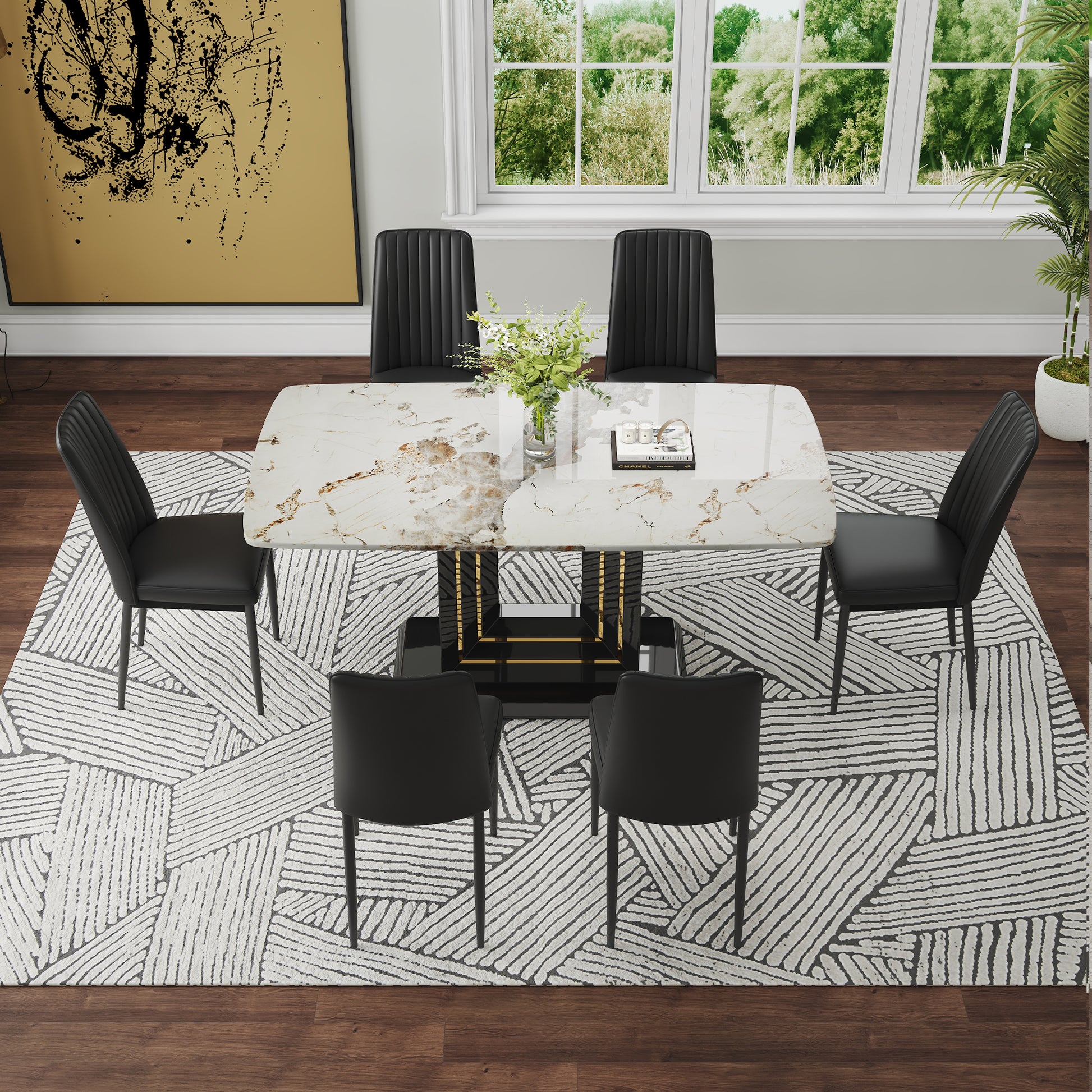 Modern Dining Table Set, 7 Piece Faux Marble Kitchen Table For 6 8, Glass Rectangular Dining Room Table With U Shaped Table Legs, Dining Table & 6 Chairs Metal Black Rectangular Mdf Glass