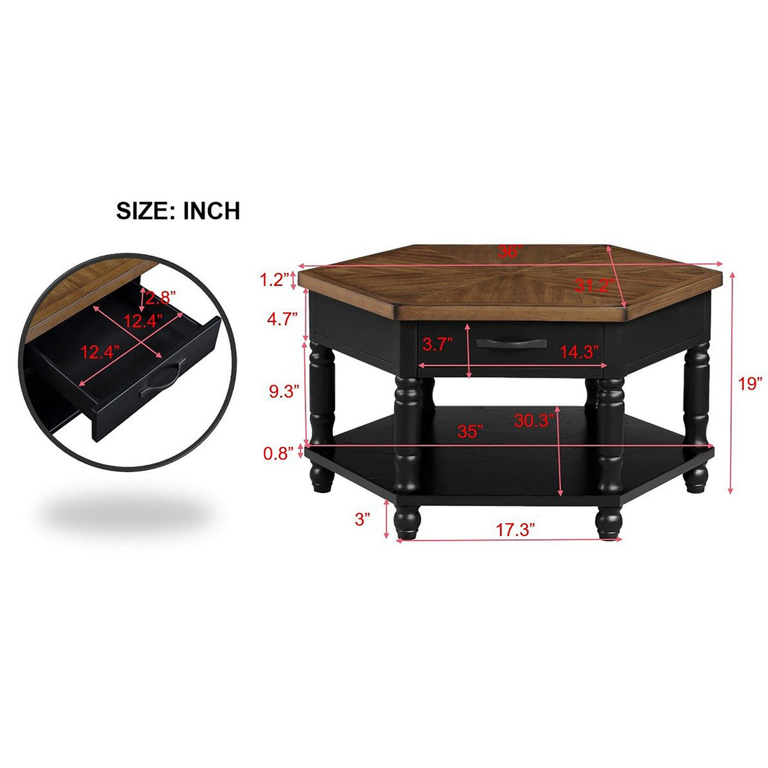 2 Tier Retro Hexagon Living Room Solid Wood Coffee Table With Shelf & Drawer, 36'' Mid Century Center Coffee Table For Living Room, Office. Black And Cherry Top Black Pine