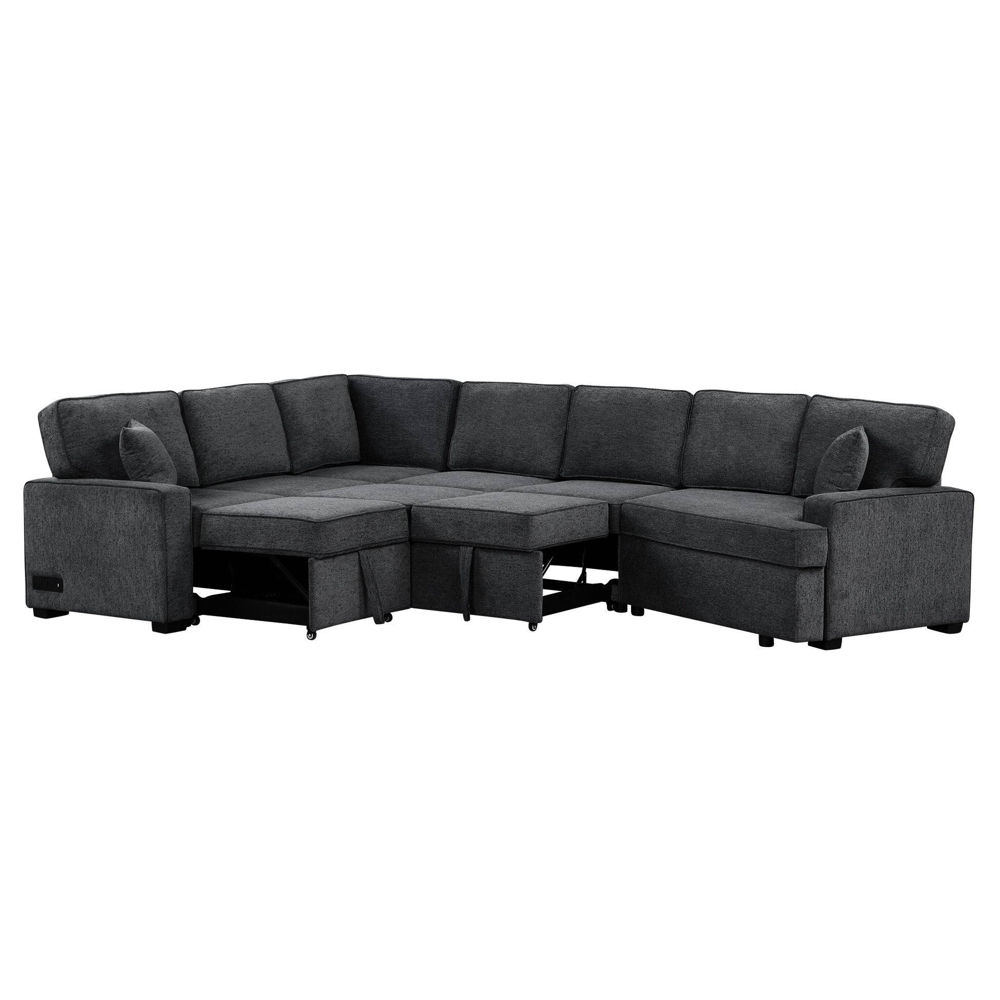 126" L Shaped Sofa Sectional Sofa Couch Pull Out Sofa Bed With Charging Devices And Cup Holders For Living Room, Blue Black Black Blue Foam Chenille 6 Seat