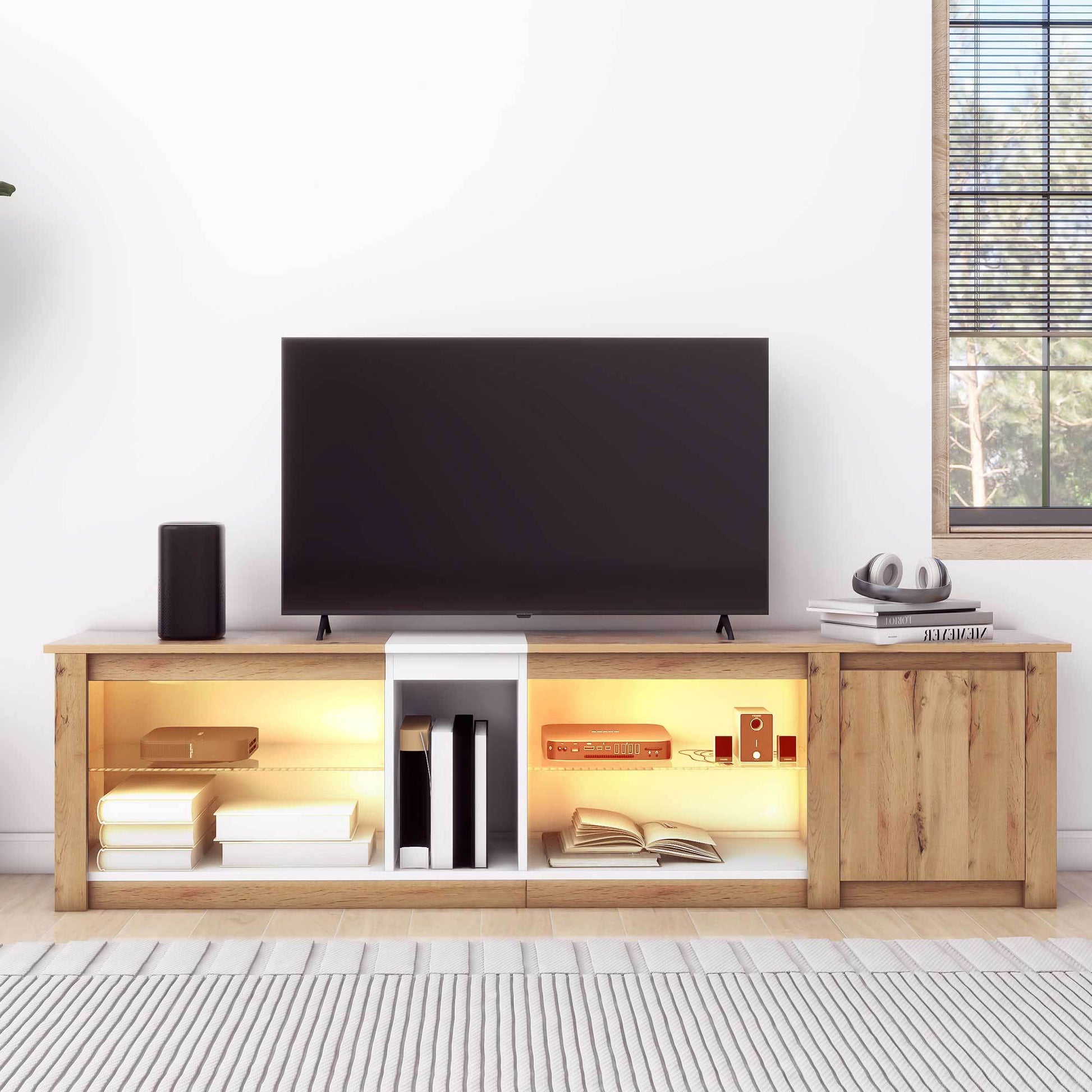 Moderntv Stand For Tvs Up To 80''Media Console With Multi Functional Storage, Entertainment Center With Led Light, Tv Cabinet For Living Room,Bedroom White Natural 70 79 Inches 70 79 Inches 70 Inches Particle Board