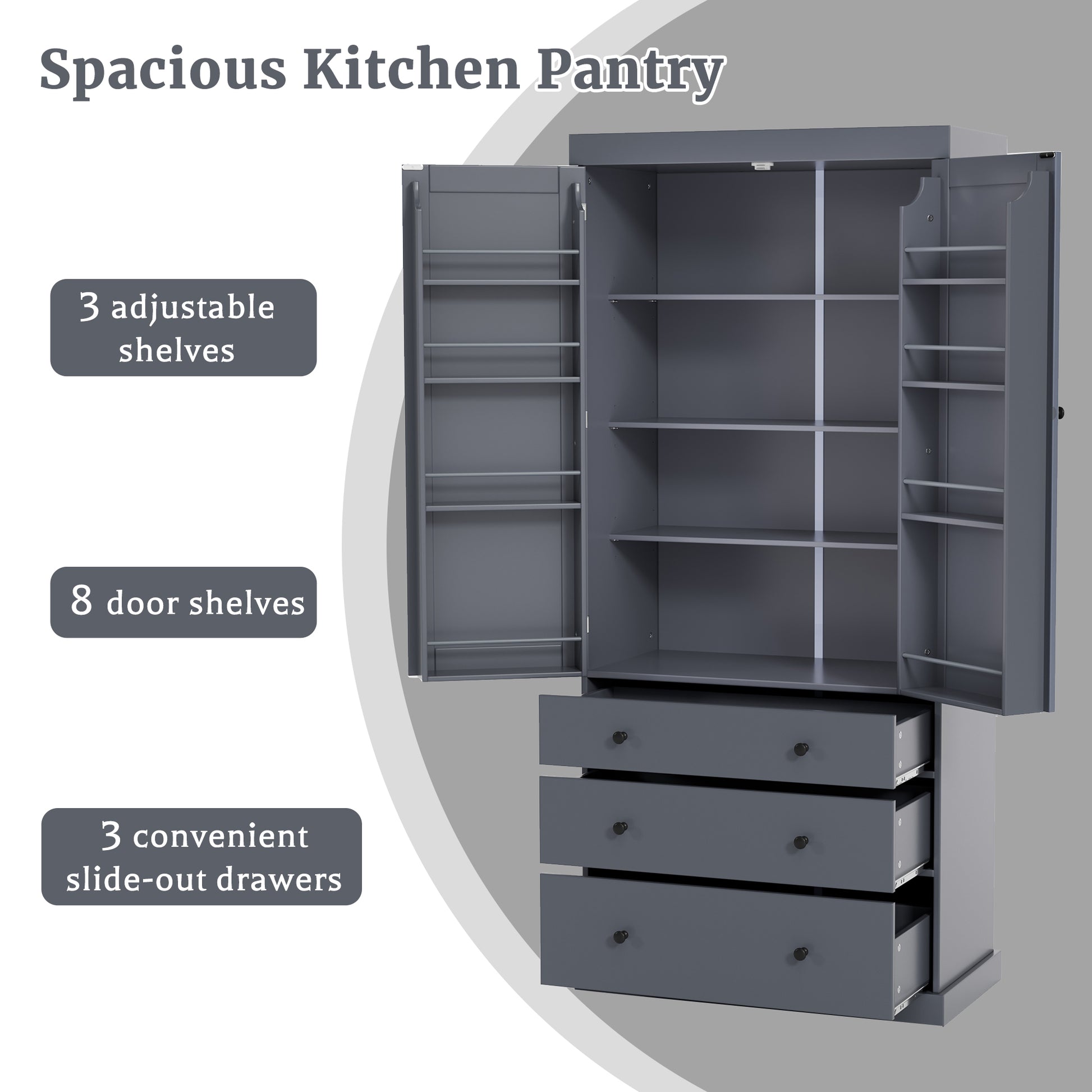 Assembly 77Inch Farmhouse Kitchen Pantry, Freestanding Tall Cupboard Storage Cabinet With 3 Adjustable Shelves, 8 Door Shelves, 3 Drawers For Kitchen, Dining Room, Gray Gray Kitchen Farmhouse