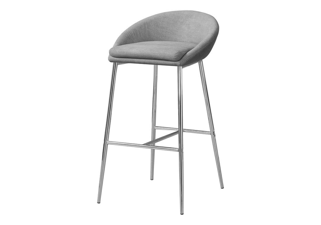 Bar Stool, Set Of 2, Bar Height, Chrome Metal, Grey Fabric, Contemporary, Modern Grey Foam Polyester