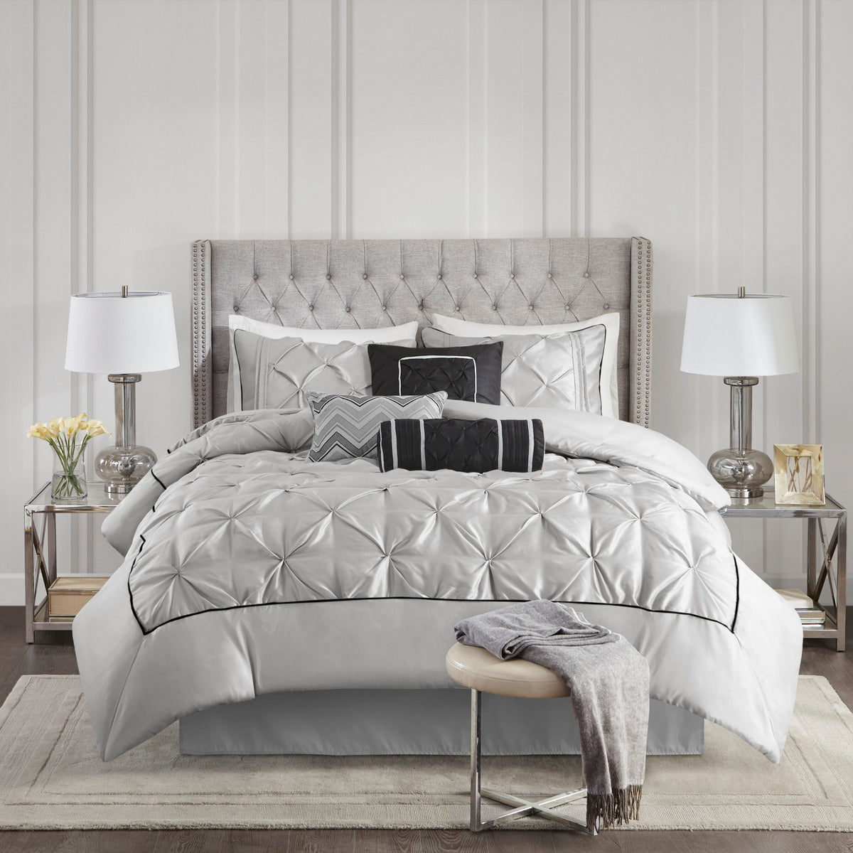 7 Piece Tufted Comforter Set Grey King King Grey Polyester