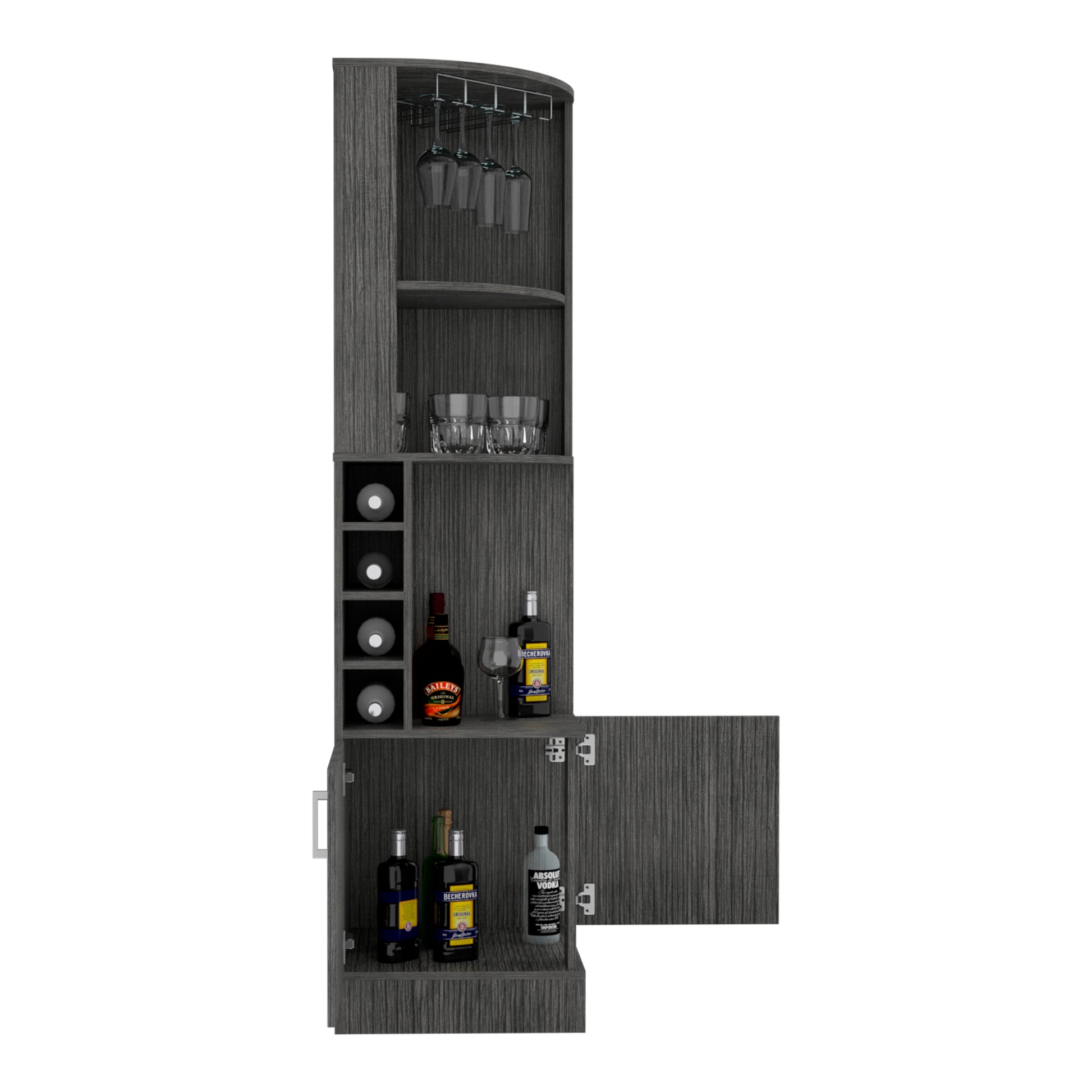 Seattle Bar Cabinet, Eight Bottle Cubbies, Two Large Open Shelves Freestanding 5 Or More Shelves Smoke Gray Primary Living Space Open Storage Space Contemporary Pine Melamine Melamine