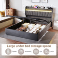 Queen Lift Up Storage Bed Frame With Charging Stationand Led Light, Wingback Upholstered Platform Bed Frame, Wooden Slats Support, No Box Spring Needed, Noise Free, Dark Gray Box Spring Not Required