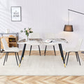 Table And Chair Set, Imitation Marble Texture Rock Board Table Top, Black Metal Table Legs. Paired With 4 White Artificial Leather Backrest Cushion Dining Chairs With Black Metal Legs. White Black Seats 4 Metal