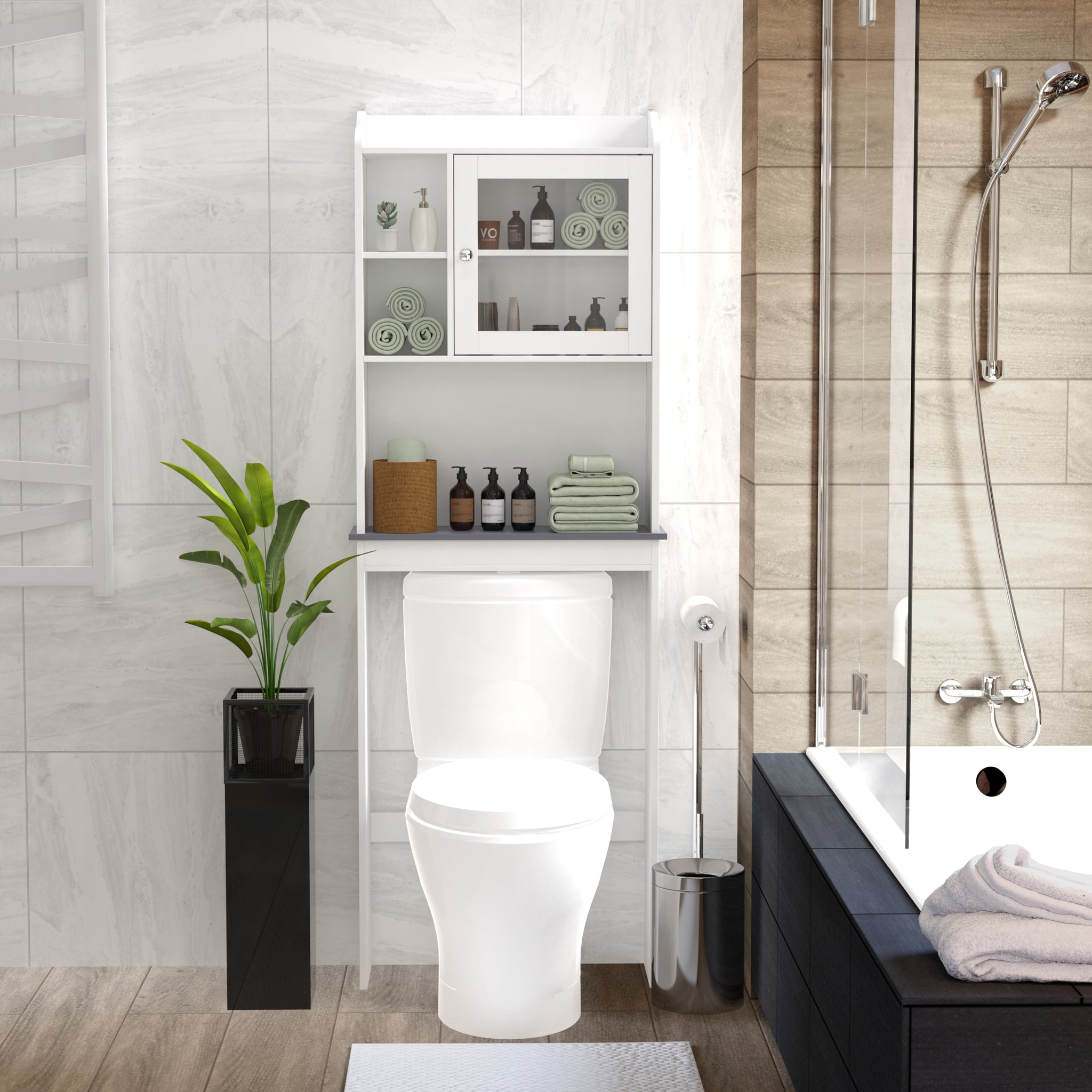 Modern Over The Toilet Space Saver Organization Wood Storage Cabinet For Home, Bathroom White White Mdf