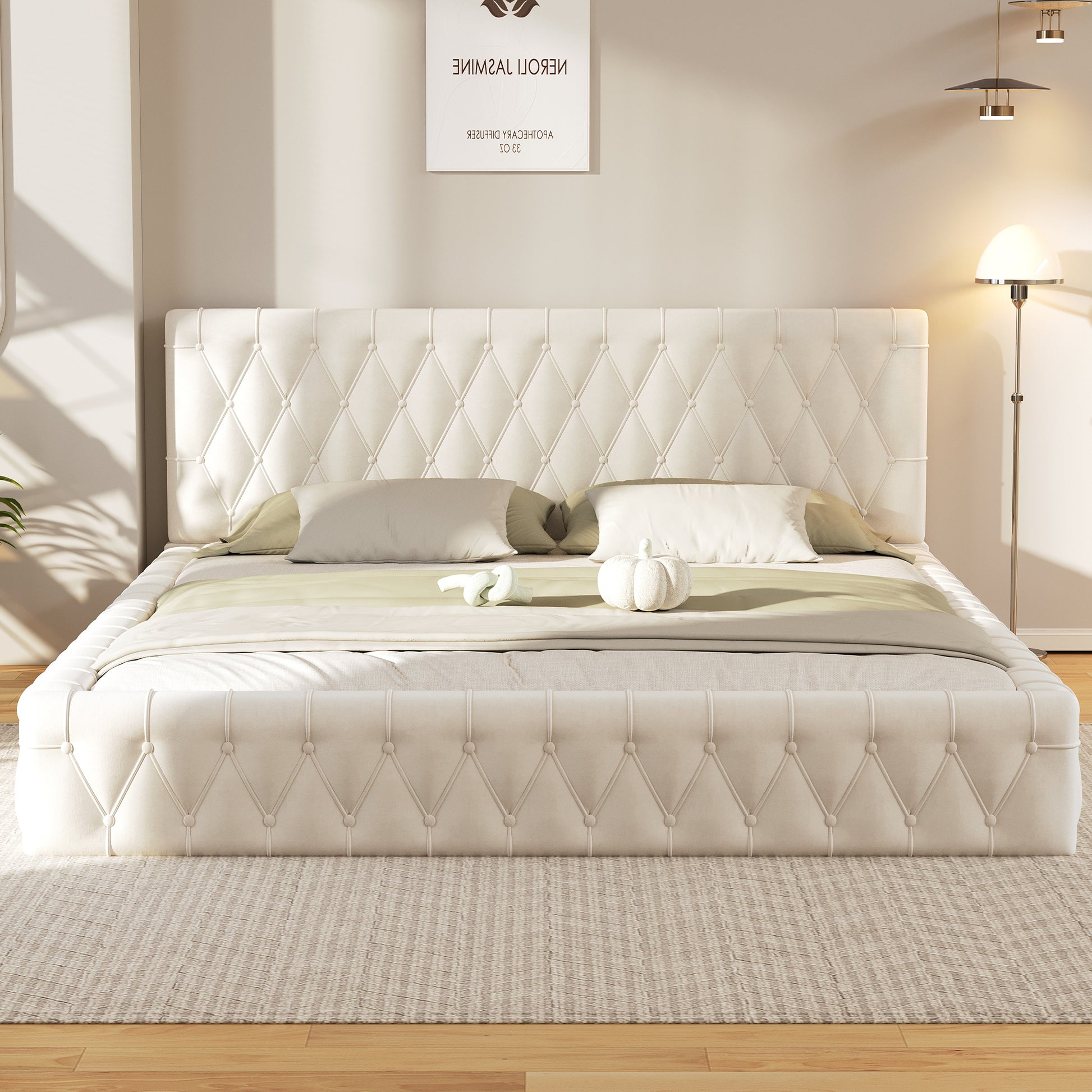 Queen Size Upholstered Bed With Tufted Headboard, Modern Velvet Platform Bedno Box Spring Required, White Queen White Solid Wood Mdf