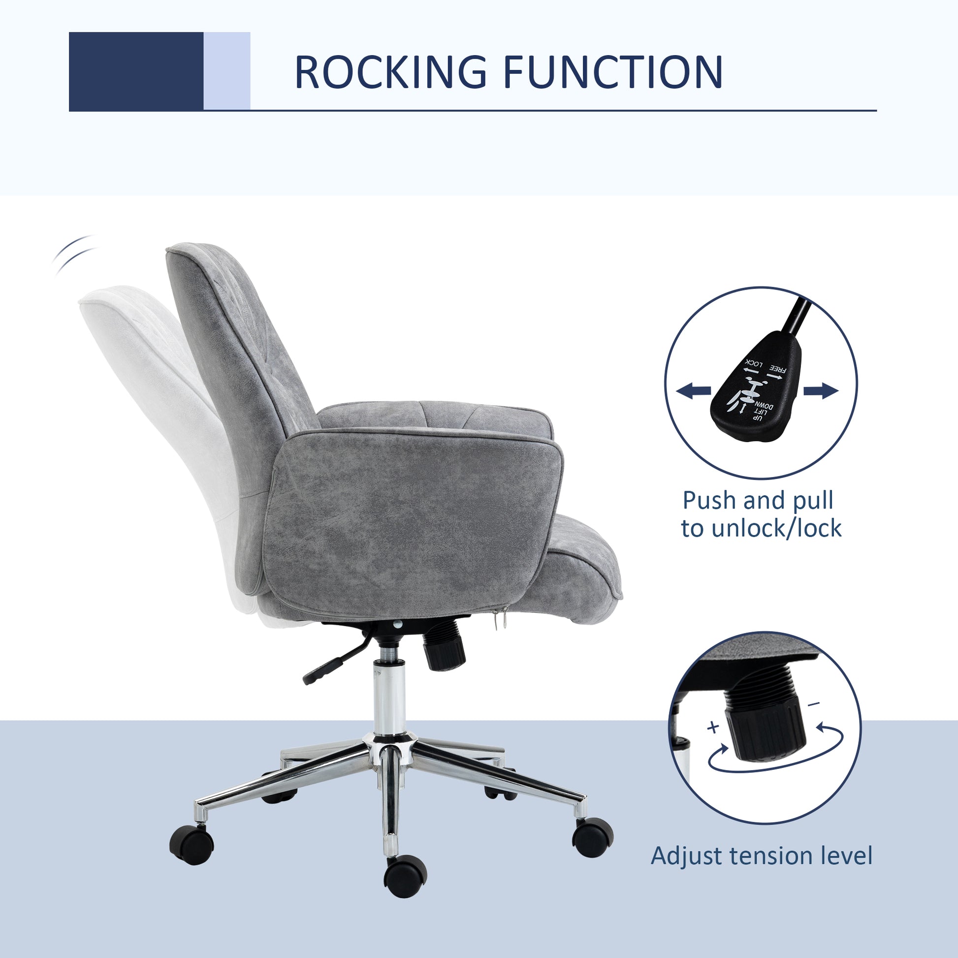 Vinsetto Microfiber Home Office Chair, Height Adjustable Button Tufted Computer Desk Chair With Swivel Wheels, Tilt Function And Padded Armrests, Light Gray Light Grey Steel