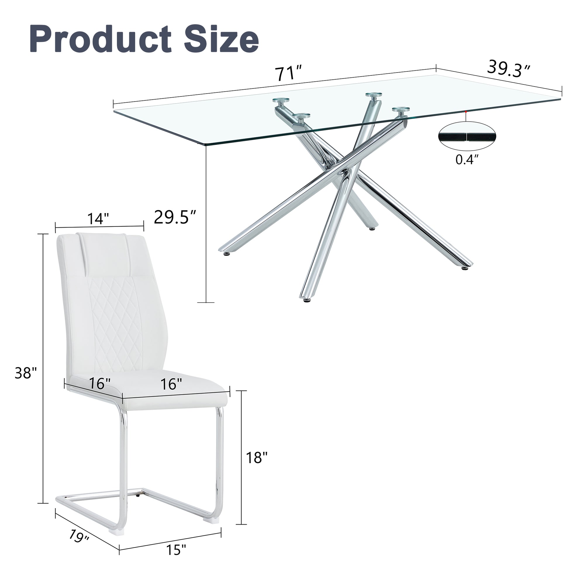 Table And Chair Set.Modern Luxurious Transparent Tempered Glass Dining Table Set With 8 Chairs.Single Fork Silver Metal Table Legs.White High Quality Pu Dining Chairs With Silver Metal Legs.