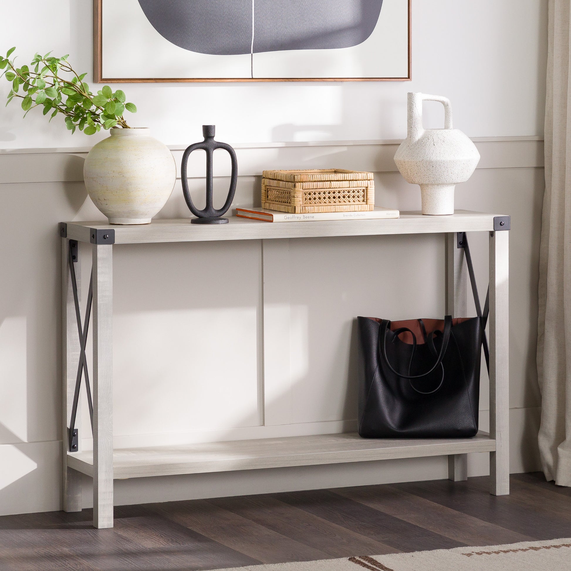 Modern Farmhouse Metal X Entry Table With Lower Shelf Stone Grey Stone Gray Mdf