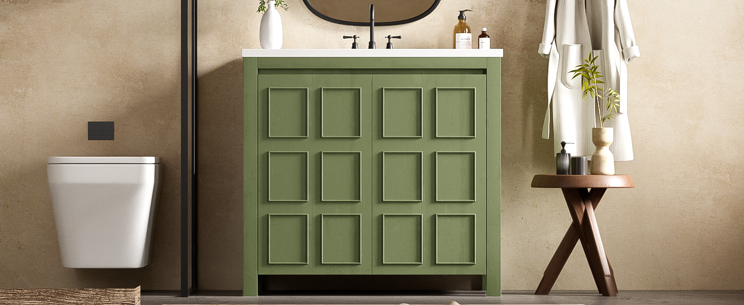 36" Bathroom Vanity Organizer With Sink, Combo Cabinet Set, Bathroom Storage Cabinet, Olive Green Olive Green Bathroom Solid Wood Mdf Resin