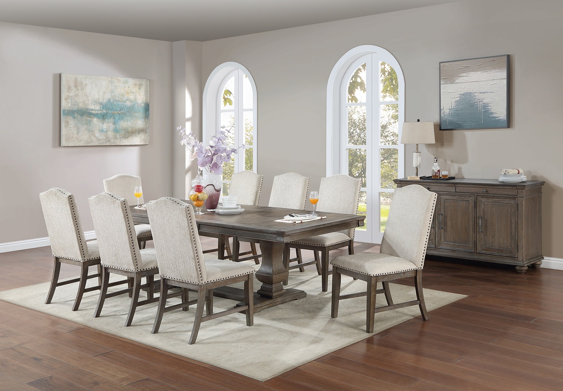 Traditional Formal 9Pc Dining Set Table W Leaf 8X Side Chairs Pedestal Base Oak Finish Table Trim Upholstered Cushion Dining Room Furniture Wood Dining Room Solid Wood Rubberwood Rectangular Dining Table With Chair Upholstered Chair Wood Beige,Light