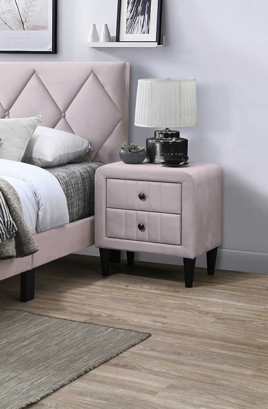 Light Pink Color Velvet Gorgeous 1Pc Nightstand Bedside Table 2X Drawers Bedroom Furniture Sleek Design Tempered Legs Light Pink 2 Drawers Bedroom Bedside Cabinet Classic,Contemporary,Glam,Modern Storage Velvet